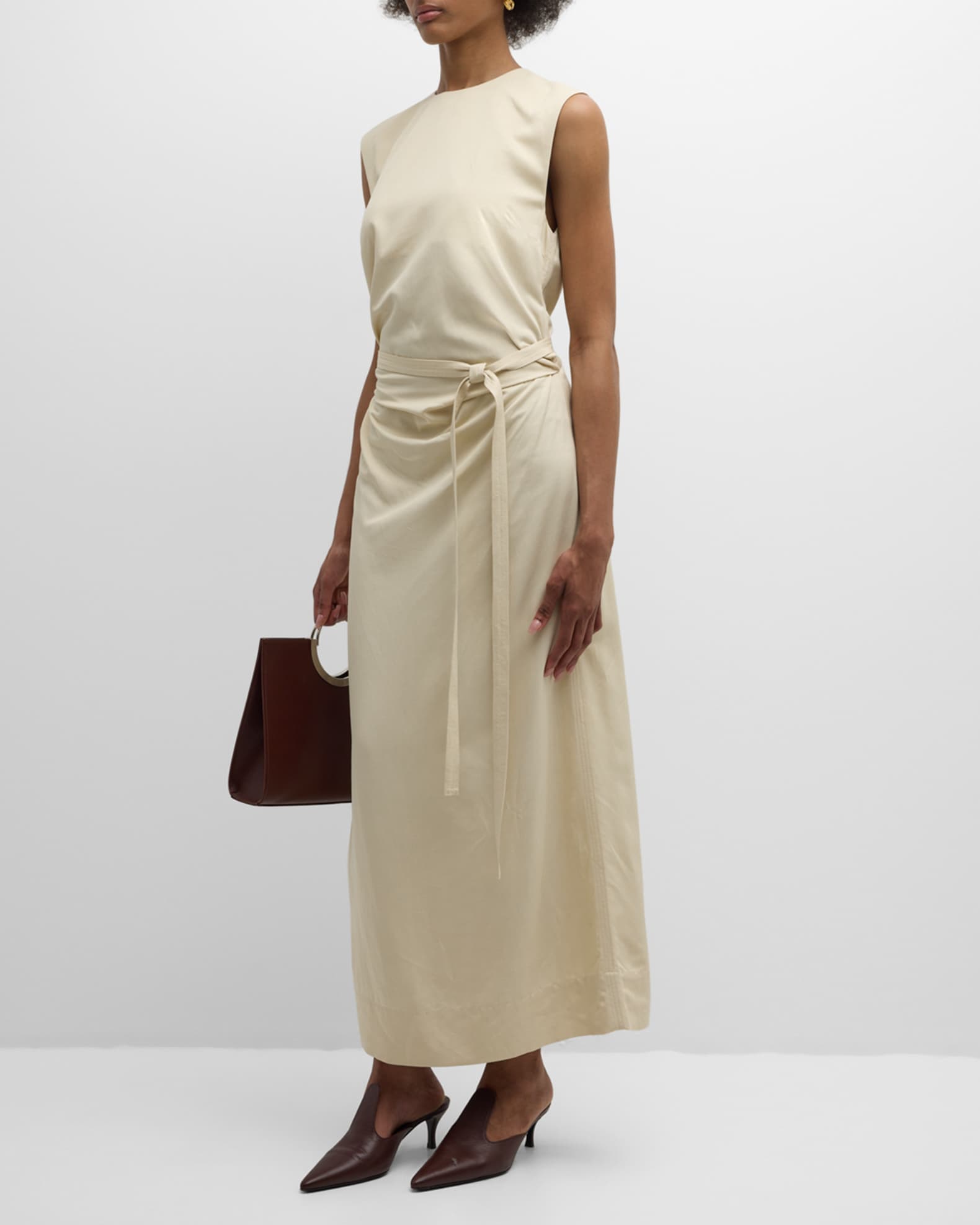 Ruched Sleeveless Tie Waist Fluid Maxi Dress