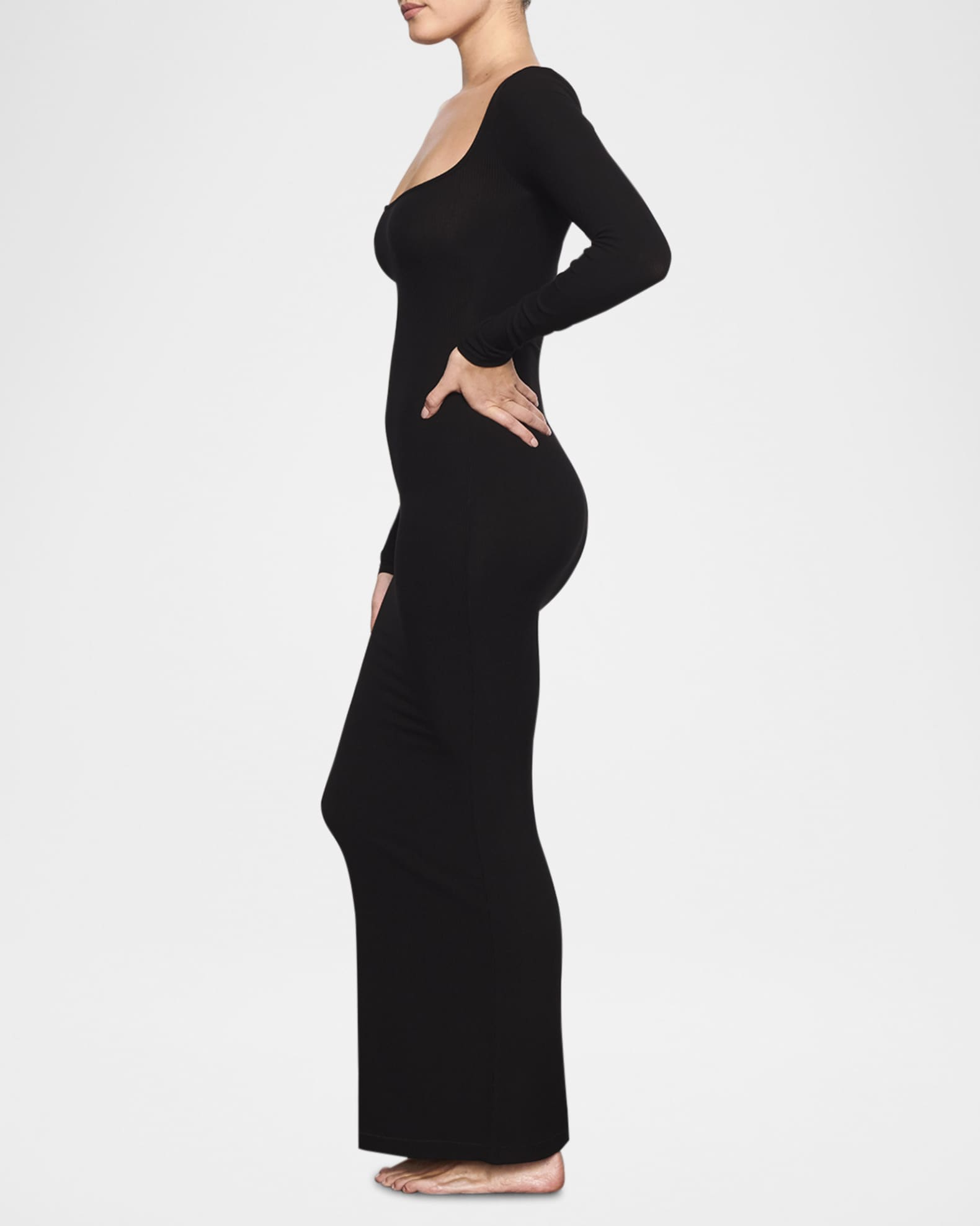 SKIMS スキムズ Long-Sleeve Slit Maxi Dress Skims Soft Lounge Long Sleeve Slit Dress - Onyx | Editorialist
