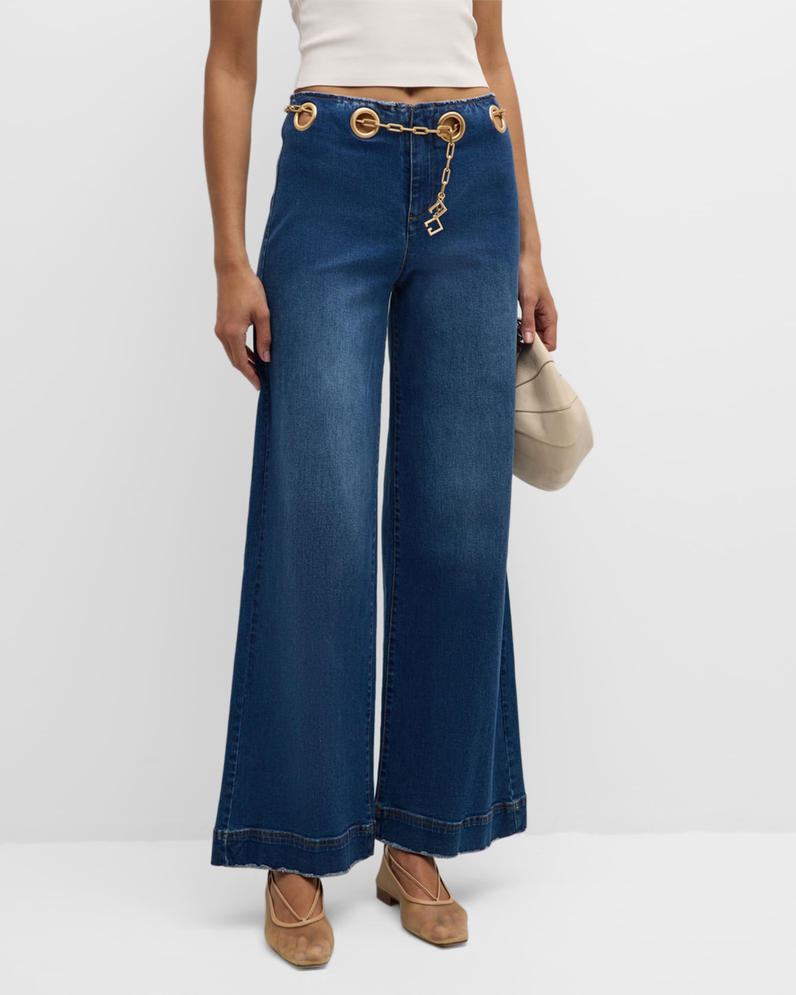 Sydney Belted Grommet Wide-Leg Denim Pants 1