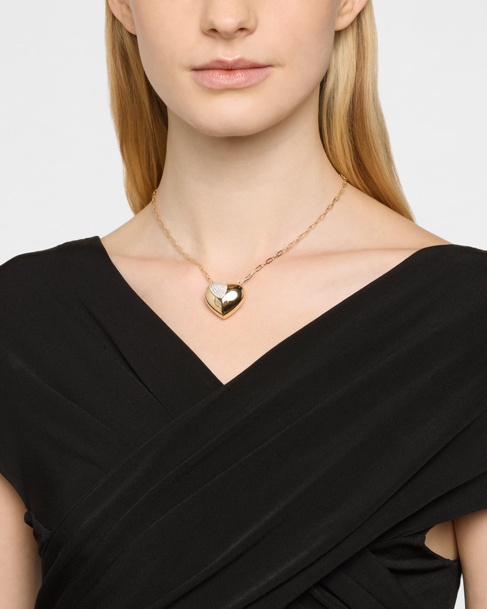 14K Yellow Gold Large Puffy Heart Necklace with Diamonds, 18"L 1
