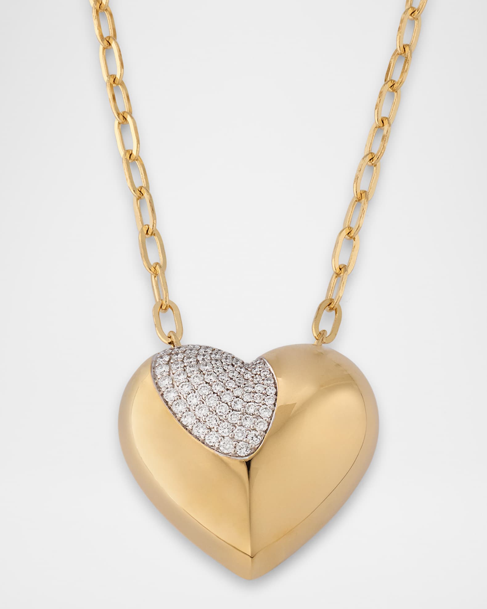 14K Yellow Gold Large Puffy Heart Necklace with Diamonds, 18"L 0