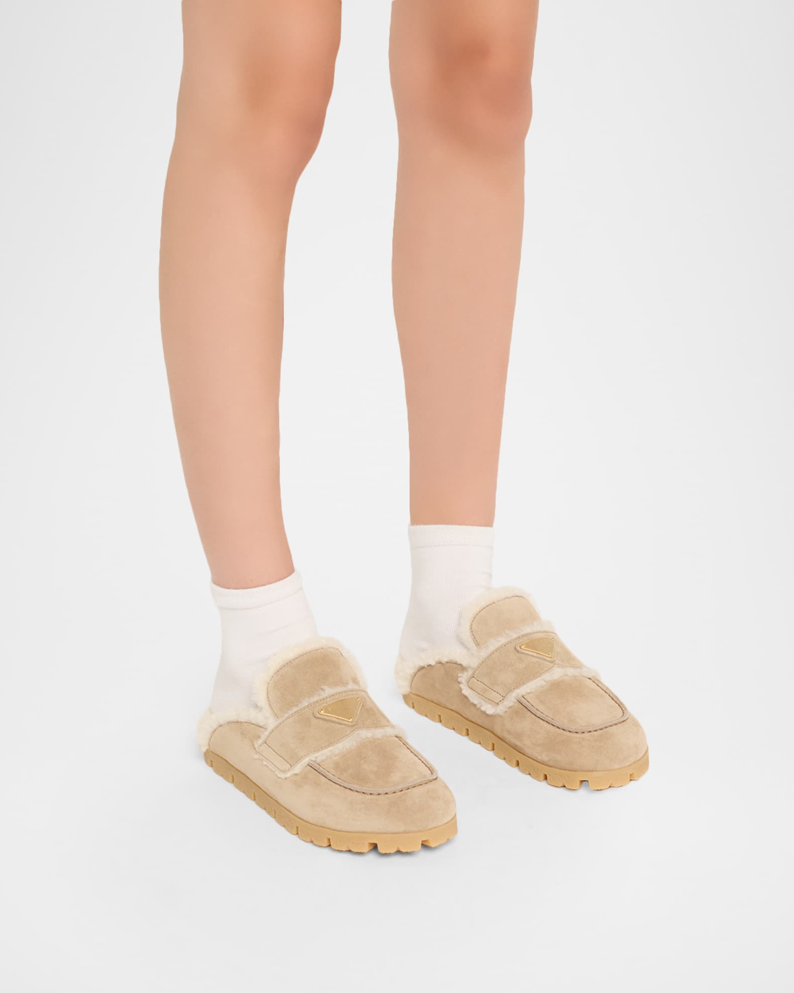 Prada Suede Shearling Cozy Loafer Mules | Neiman Marcus