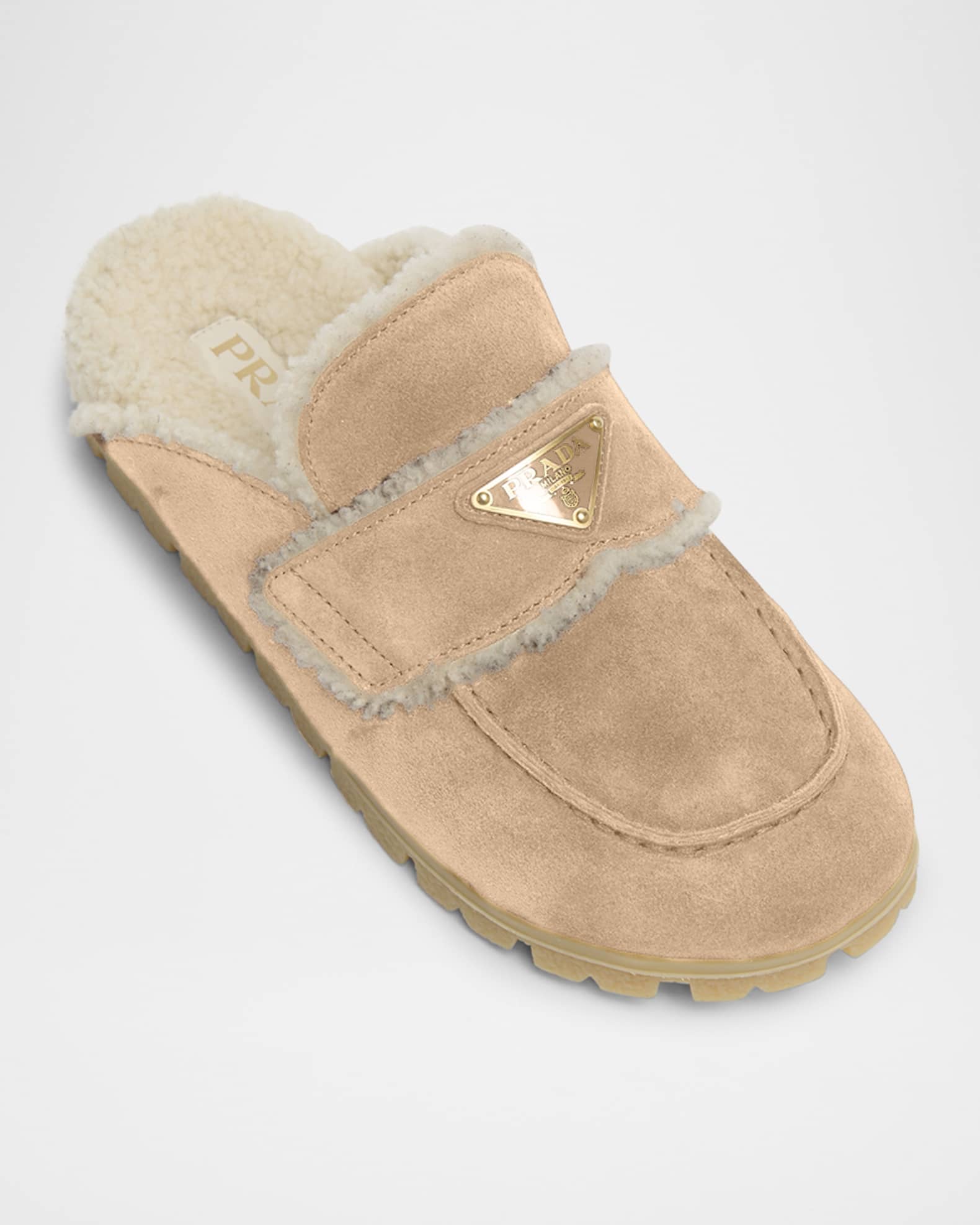 Prada Suede Shearling Cozy Loafer Mules | Neiman Marcus