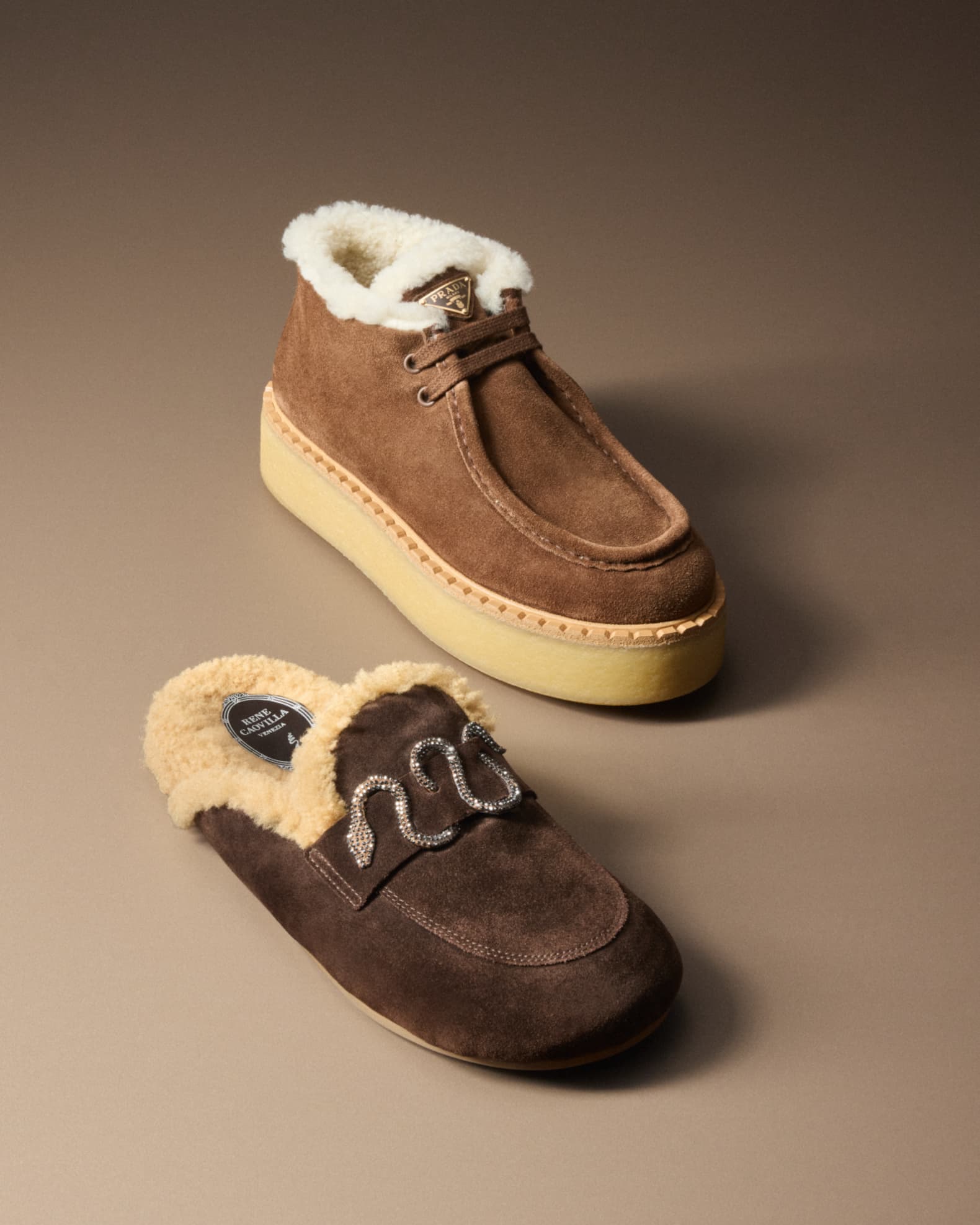 PRADA / レースアップブーツ/35/NVY/スウェード Prada Suede Shearling Lace-Up Booties | Neiman Marcus