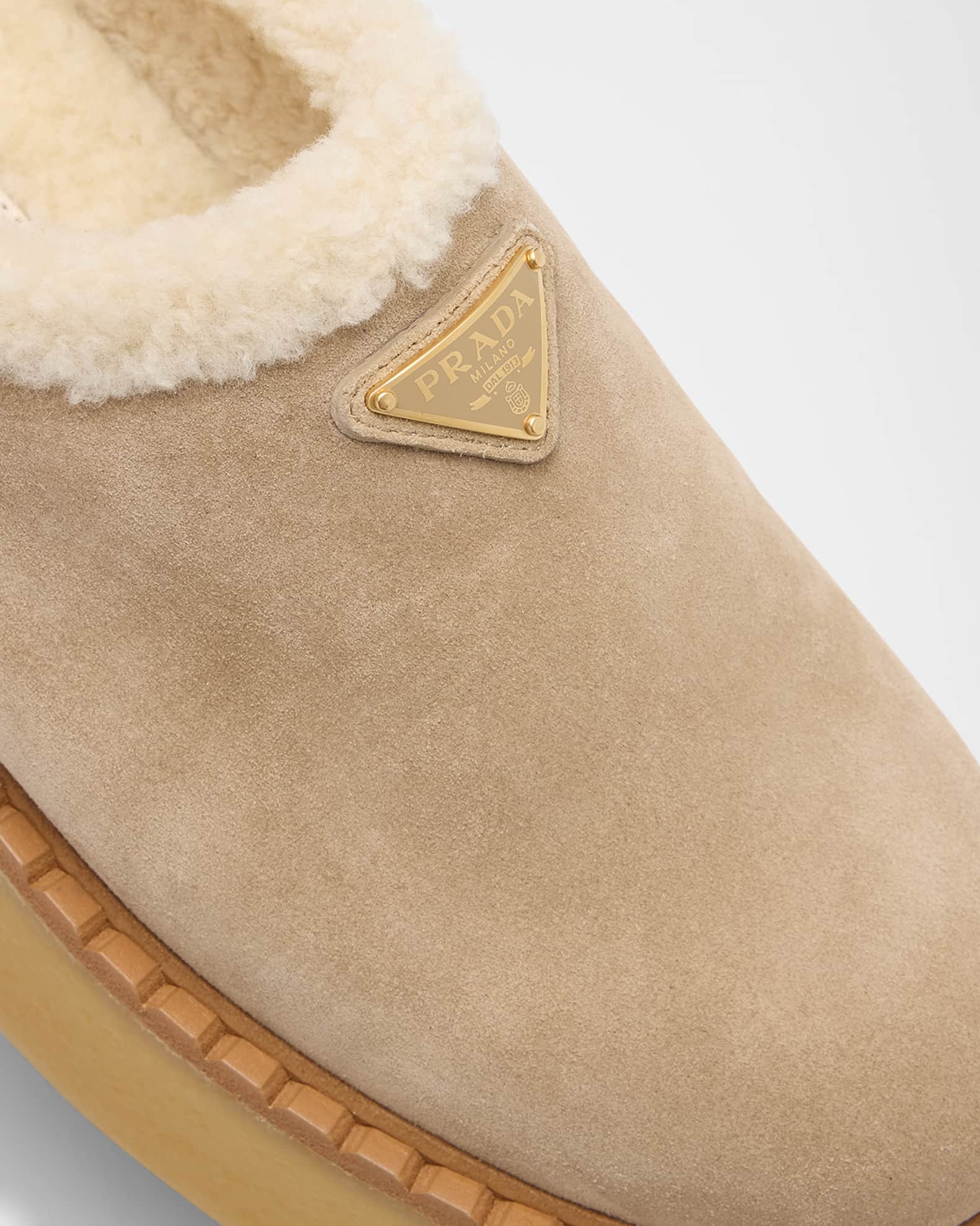 Prada Suede Shearling Cozy Platform Mules | Neiman Marcus