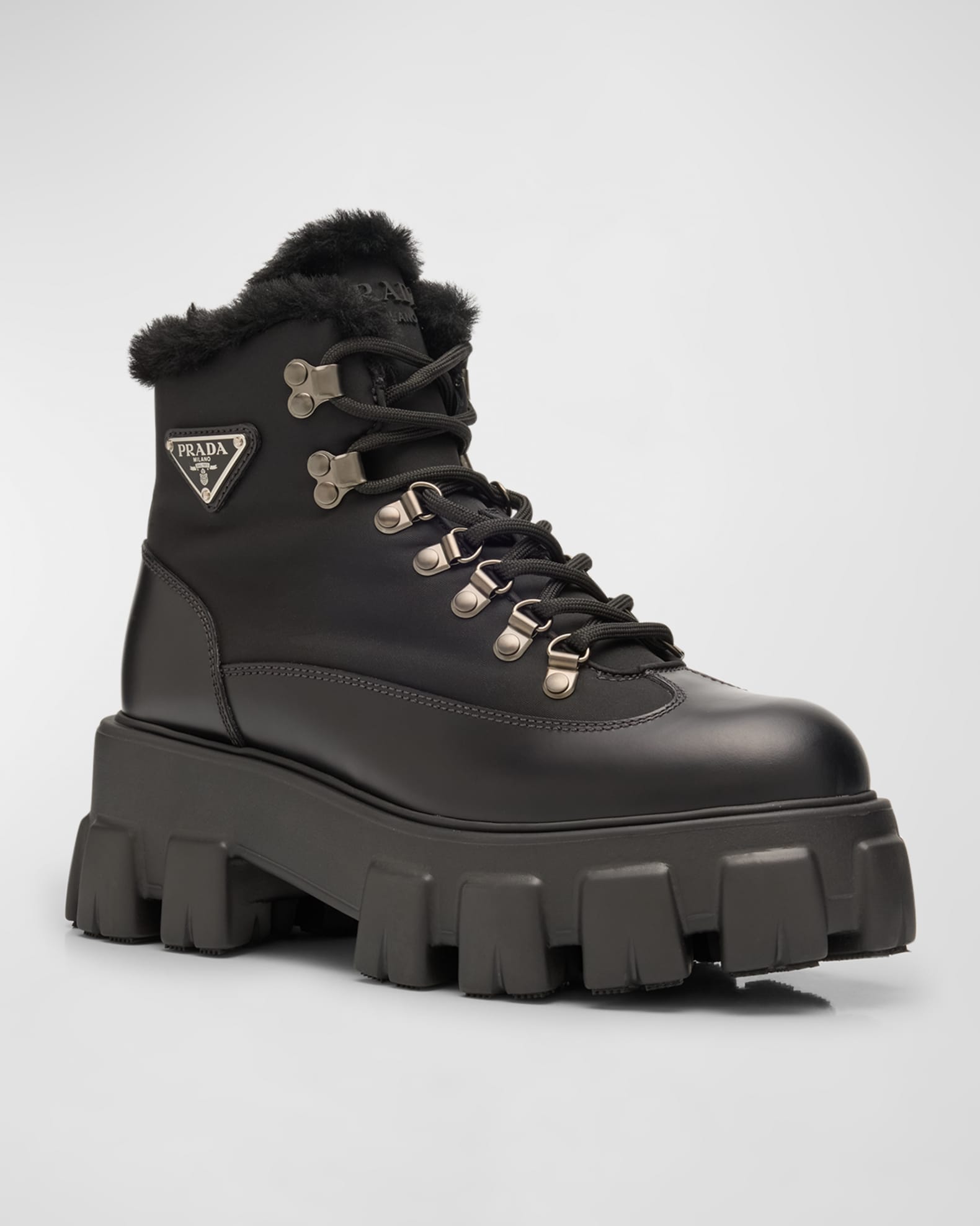 Prada Monolith Nylon Shearling Hiker Boots | Neiman Marcus