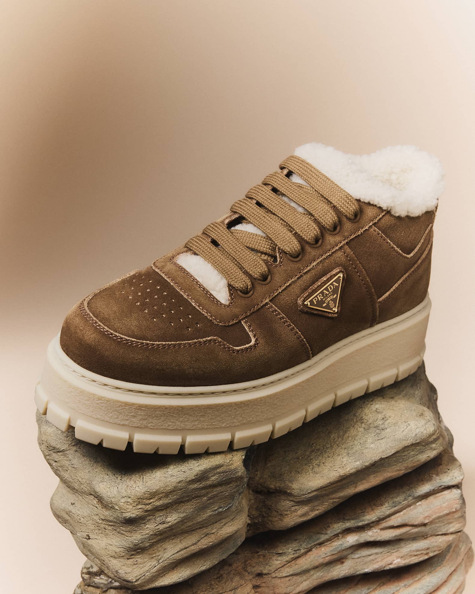 Prada Suede Shearling Winter Platform Sneakers | Neiman Marcus