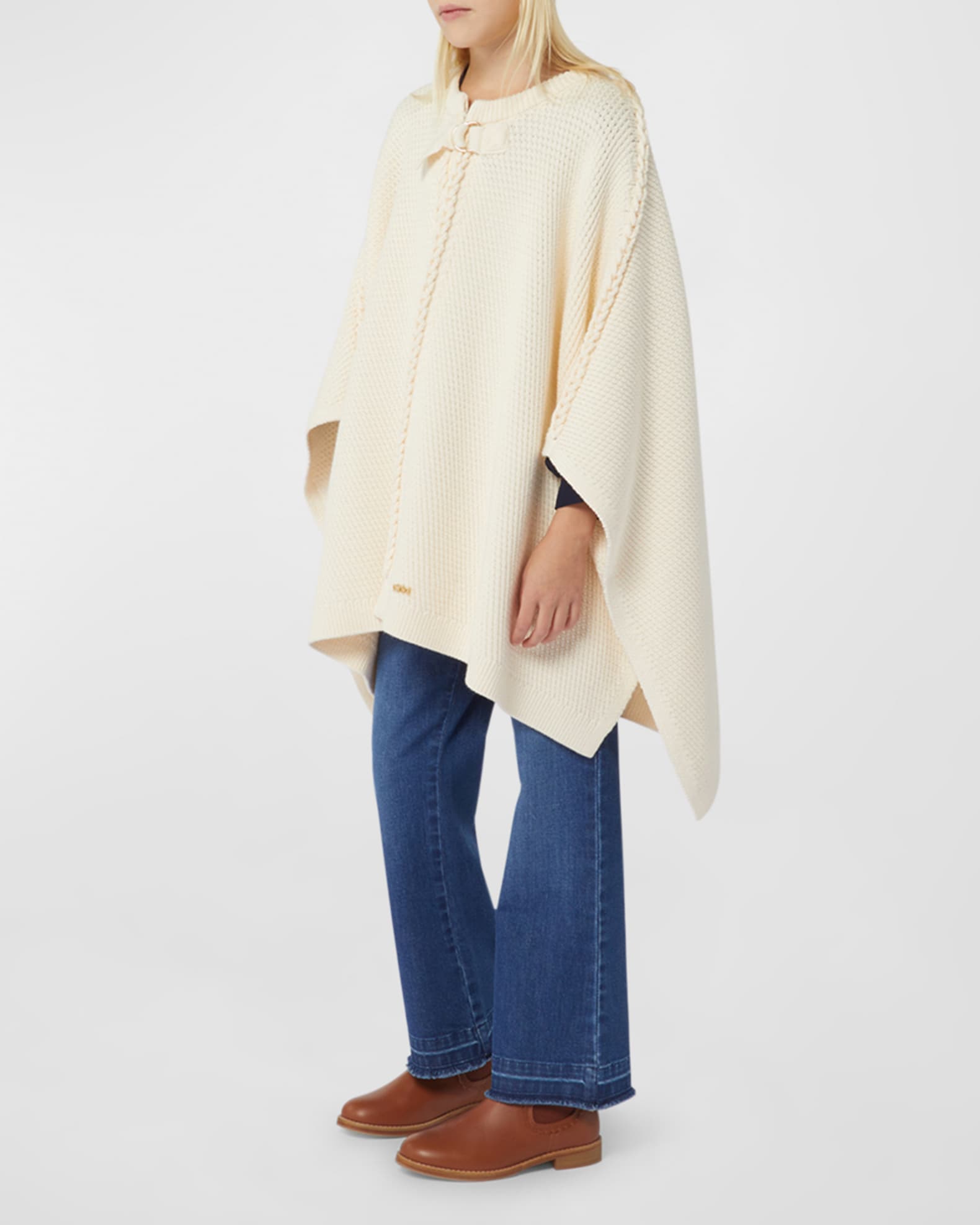 Girl's Cable Knit Cape W/ Metal Logo Plate, Size 8-14 1