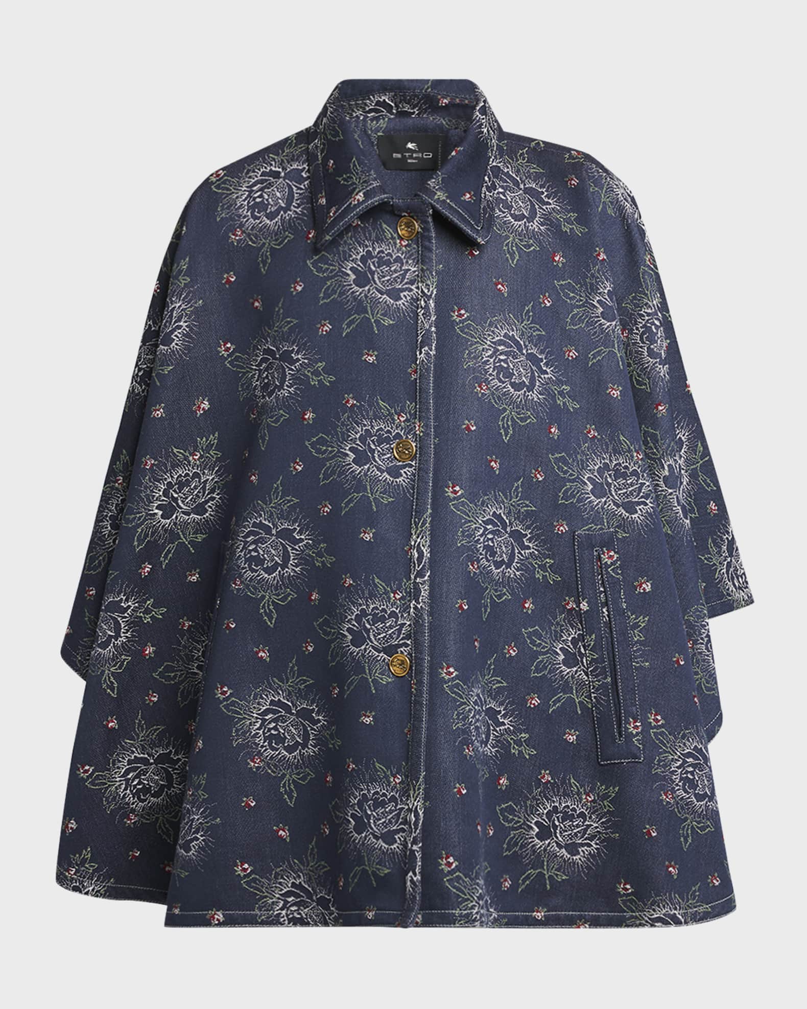 Denim Embroidered Floral Cape  0
