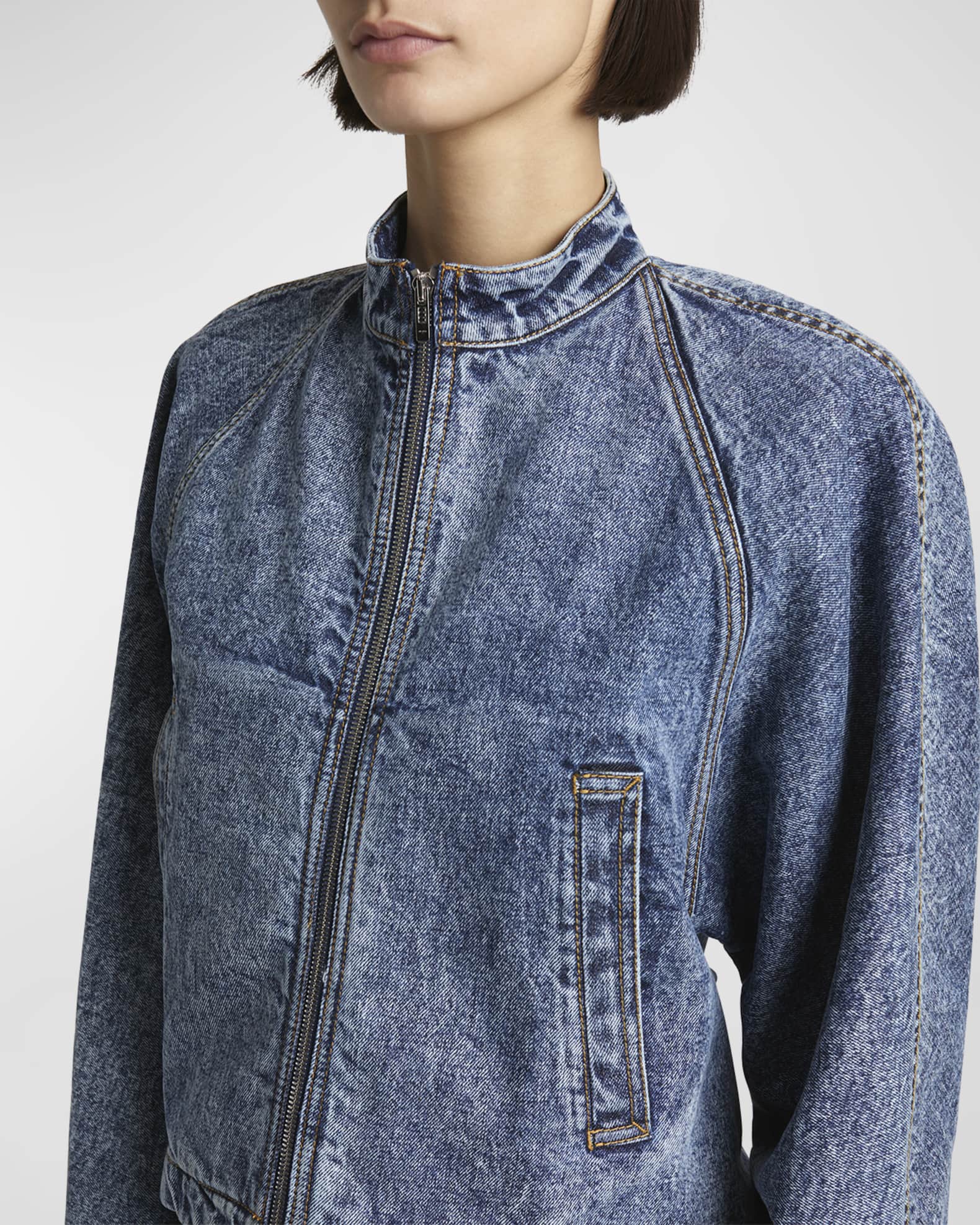 ALAIA Denim Zip-Up Jacket with Rounded Sleeves | Neiman Marcus
