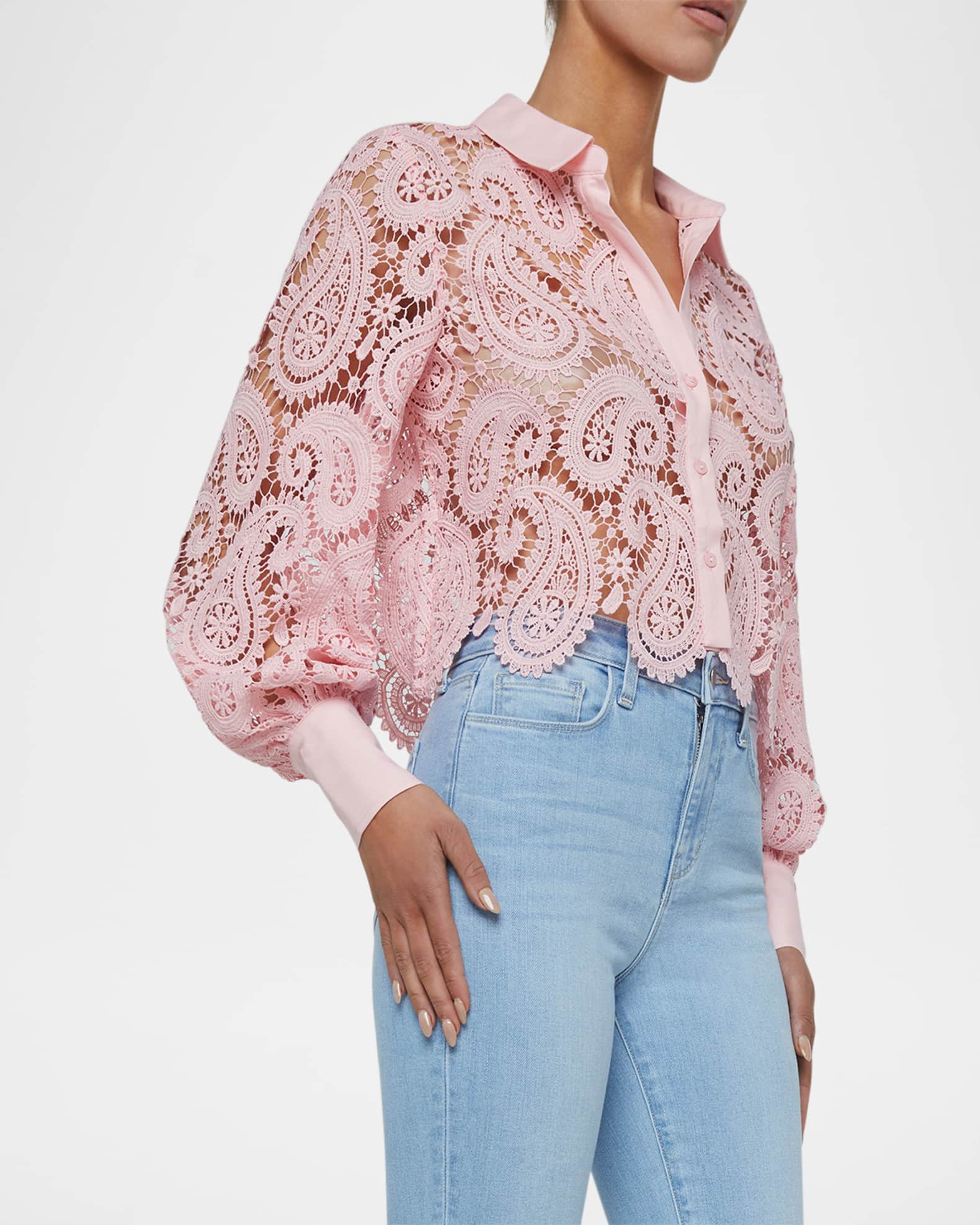 L'Agence Odelia Paisley Lace Cropped Button-Front Blouse | Neiman
