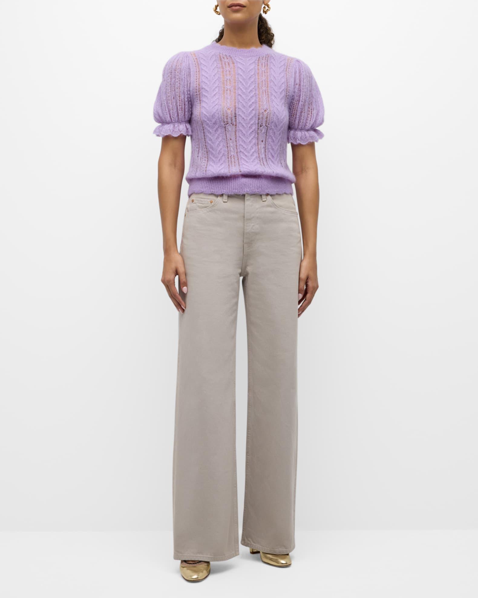 Ulla Johnson Mavis Openwork Knit Puff Sleeve Top Neiman Marcus