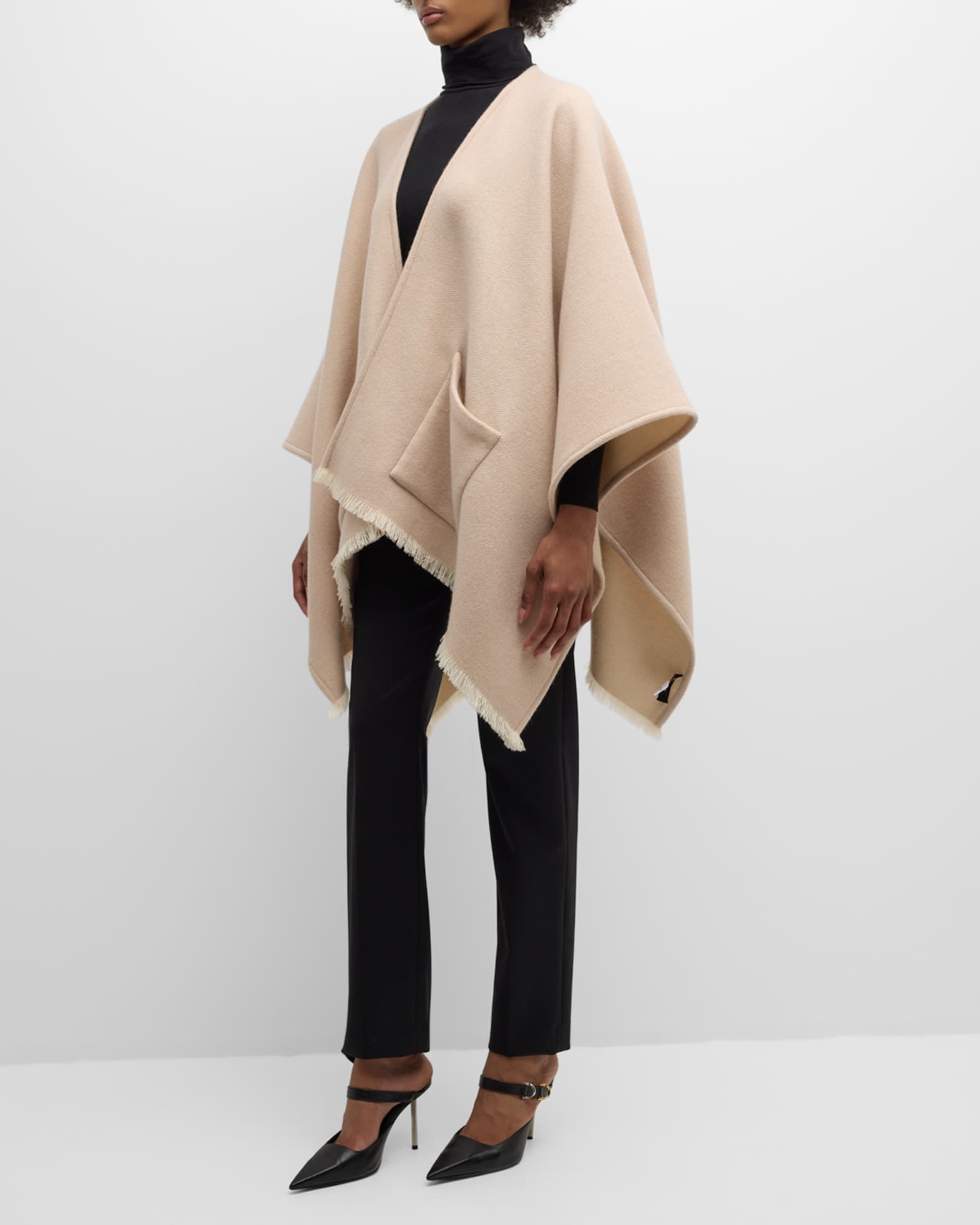 Fringed Cashmere-Blend Cape With Pockets