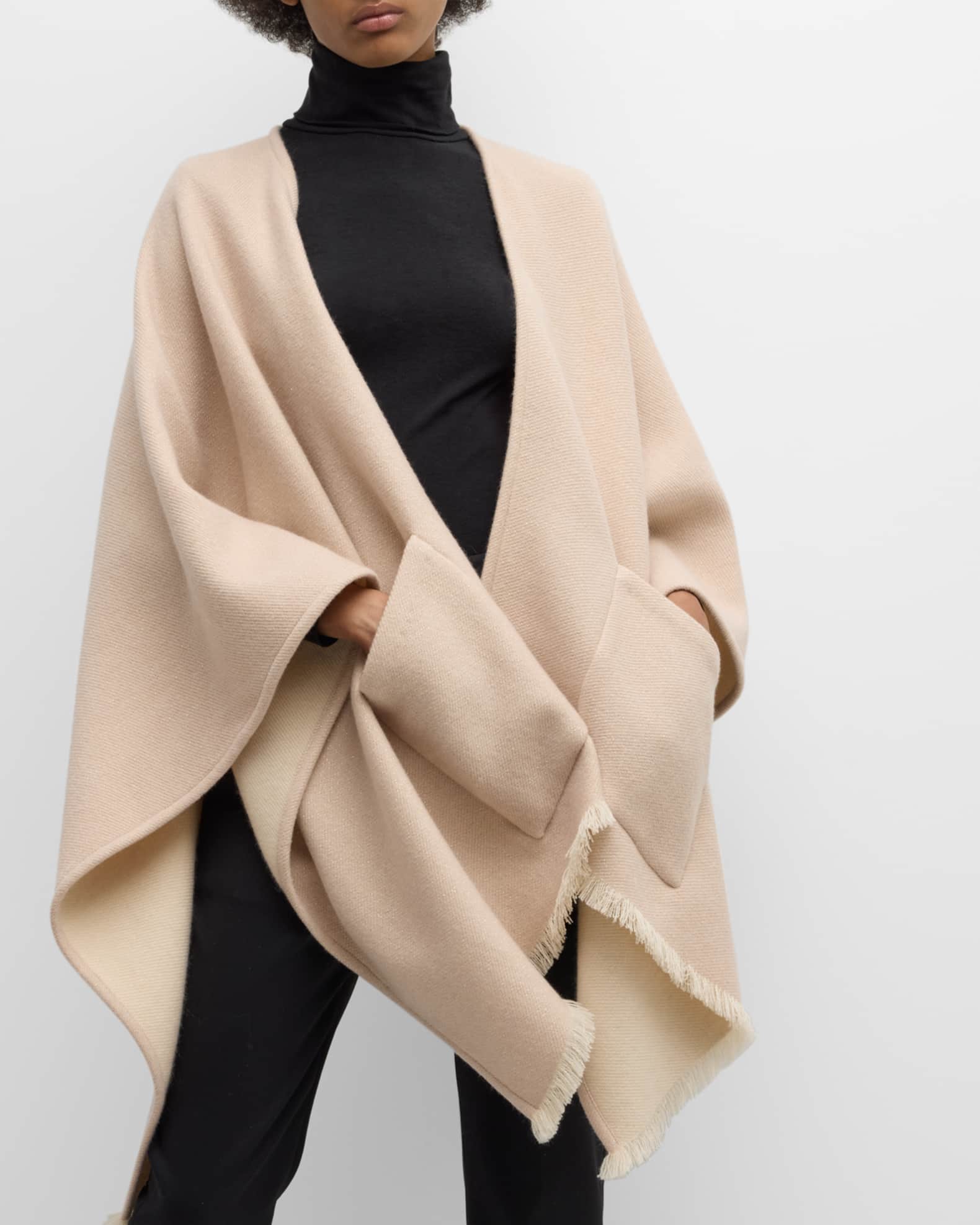 Fringed Cashmere Blend Cape With Pockets