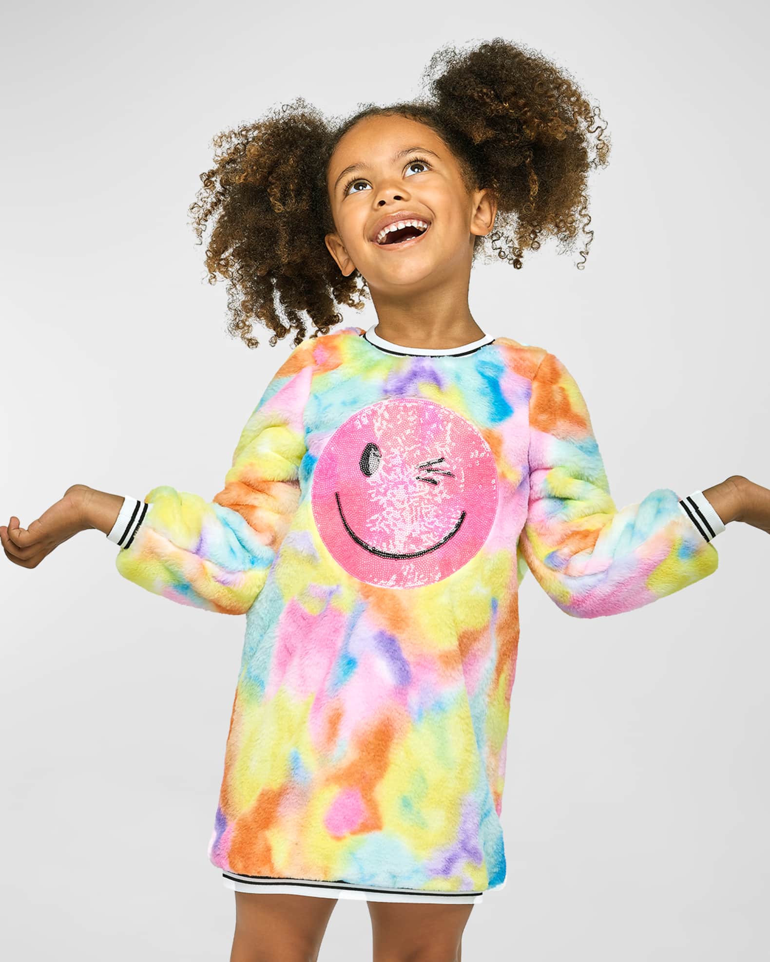 Girl s Multicolor Faux Fur Fuzzy Dress W Happy Face Patch Size 2T 10