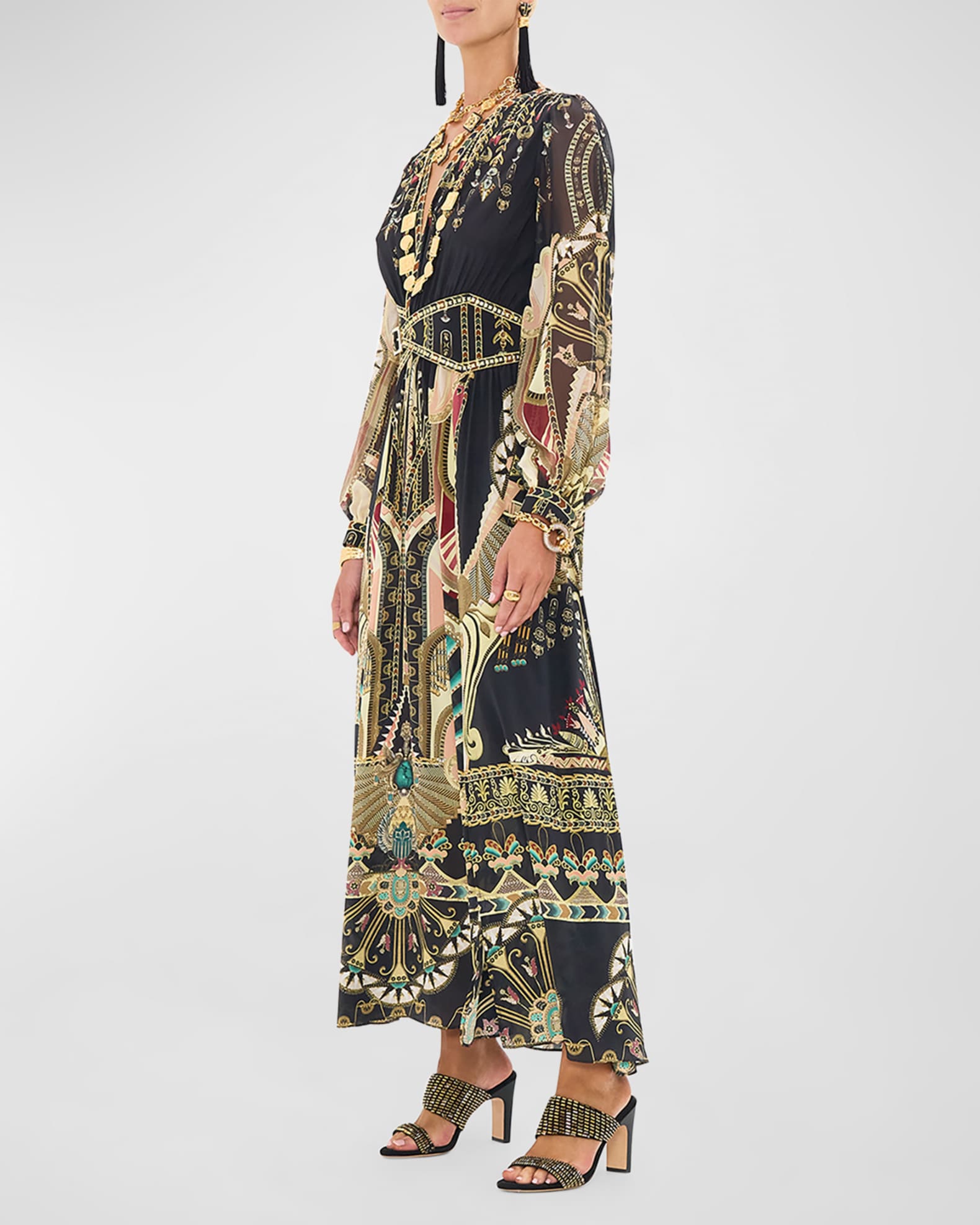 Camilla Blouson Sleeve Peaked Waistband Long Silk Dress Neiman Marcus