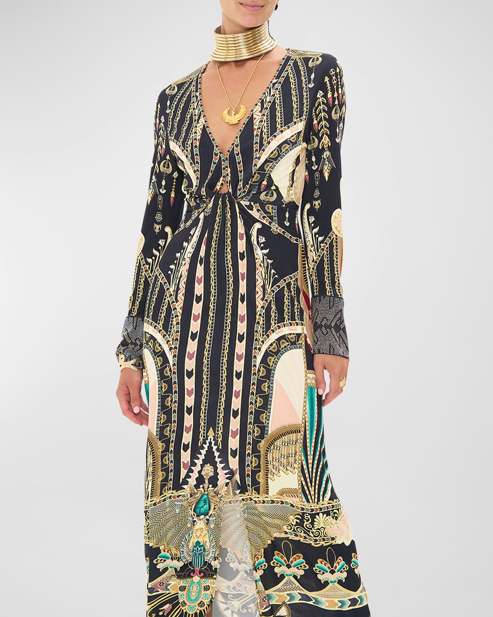 Camilla Long V-Neck Twist-Front Jersey Dress | Neiman Marcus