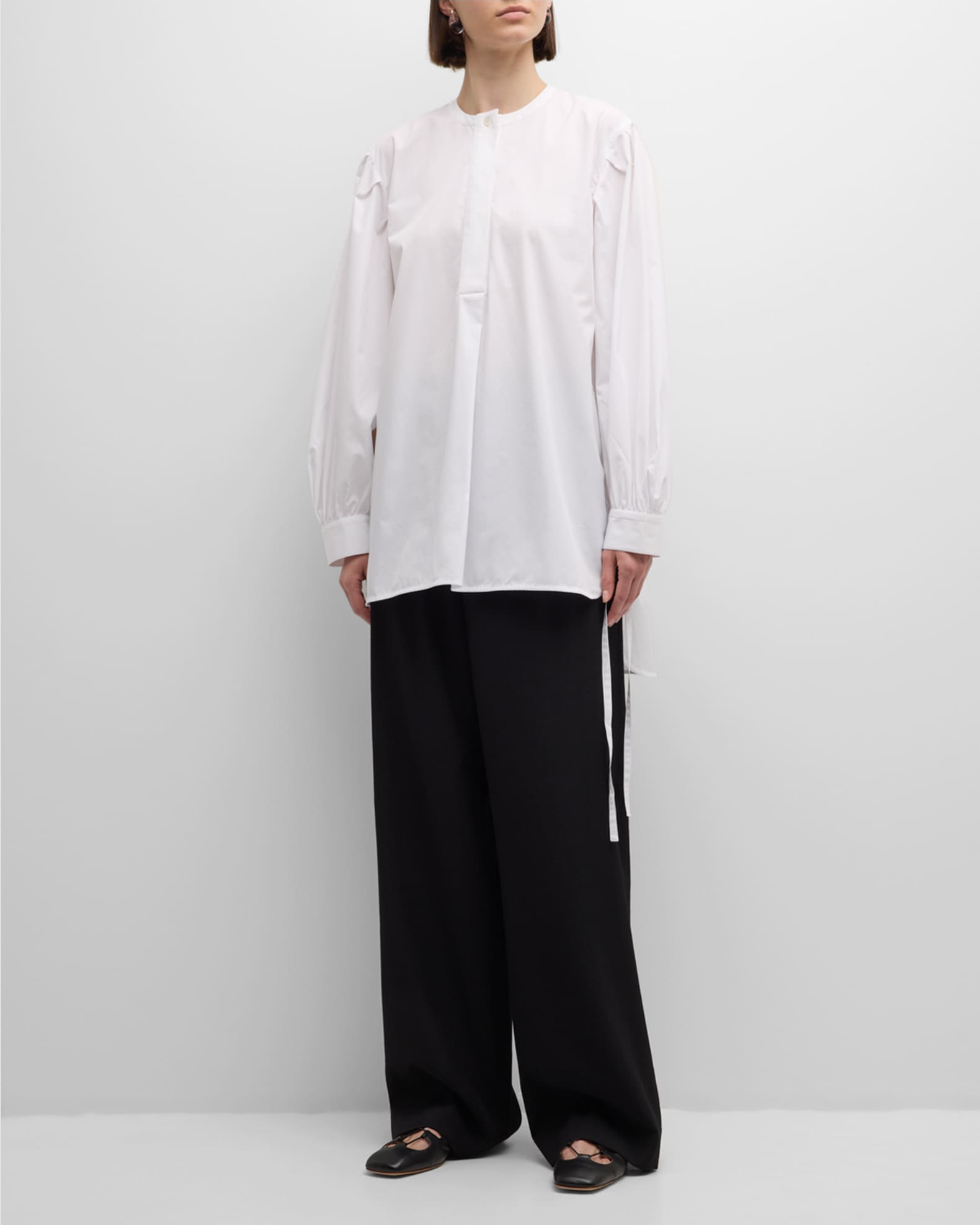 Tie-Cuff Long-Sleeve Oversized Cotton Shirt 1