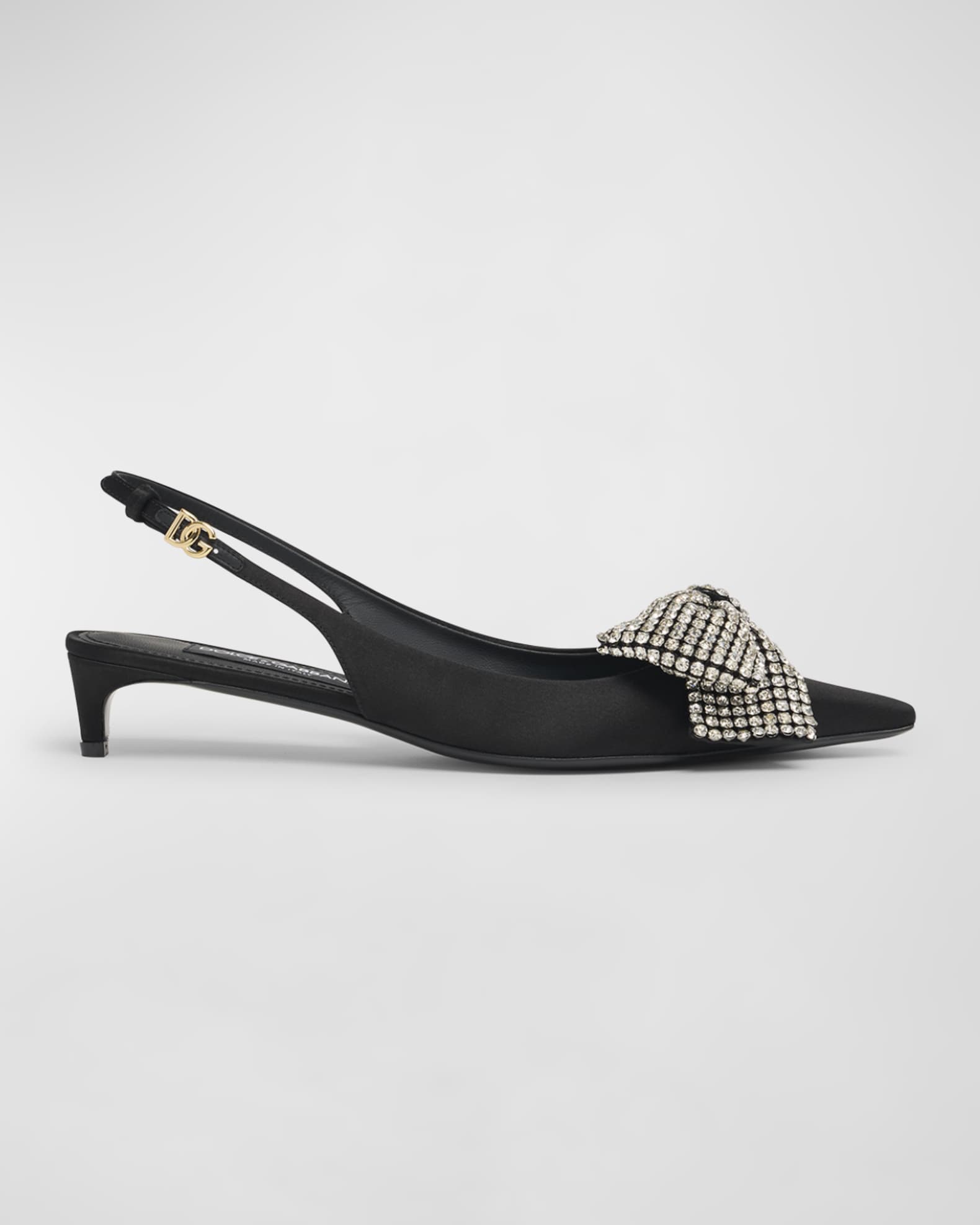 Satin Crystal Bow Kitten Slingback Pumps 0
