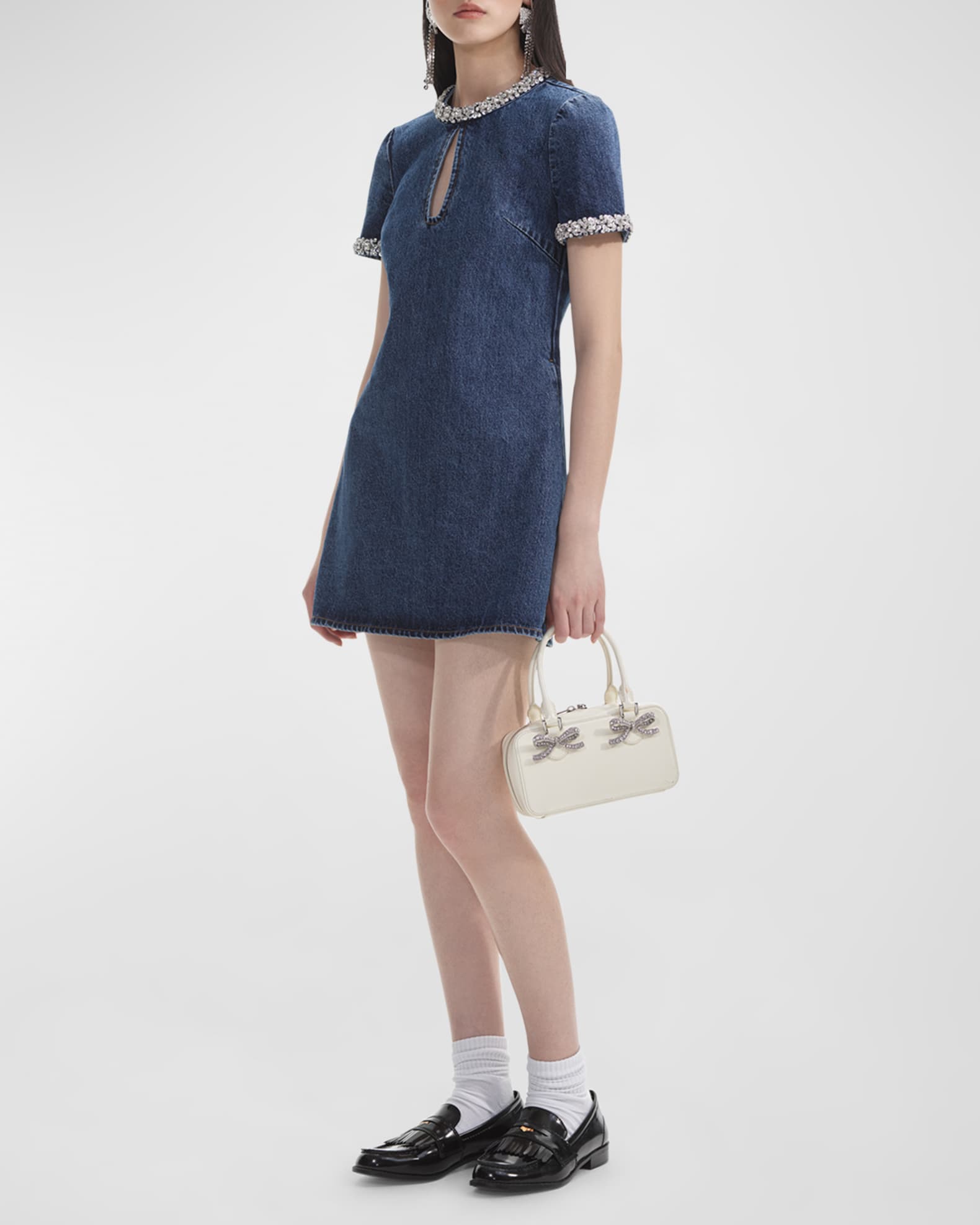 Self Portrait Embellished Denim Short Sleeve Mini Dress Neiman Marcus
