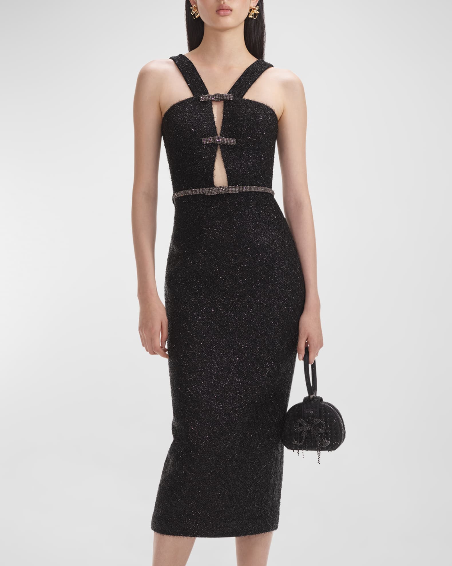 SelfPortrait Tinsel Boucle Belted Cutout Midi Dress Neiman Marcus