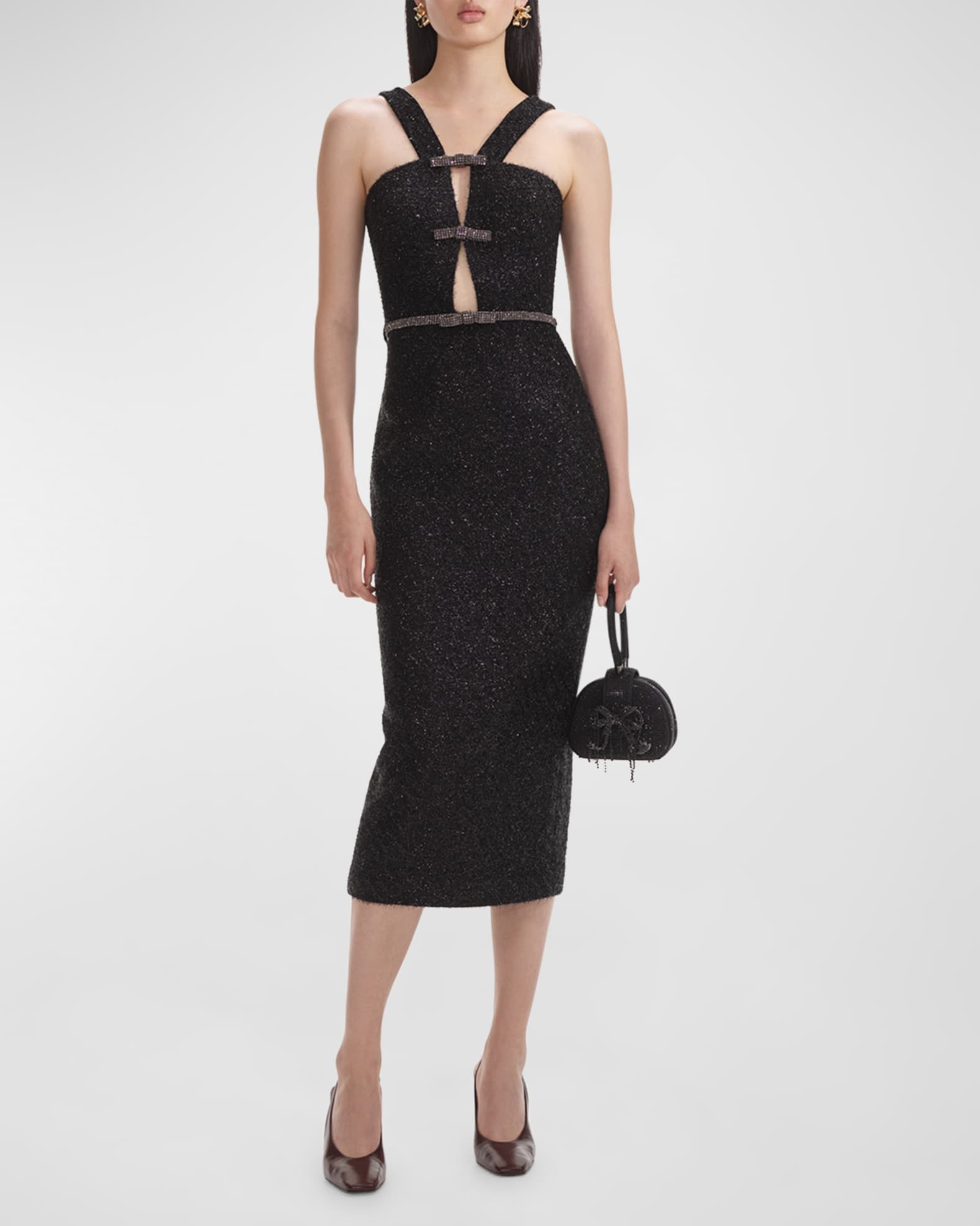 Self Portrait Tinsel Boucle Belted Cutout Midi Dress Neiman Marcus