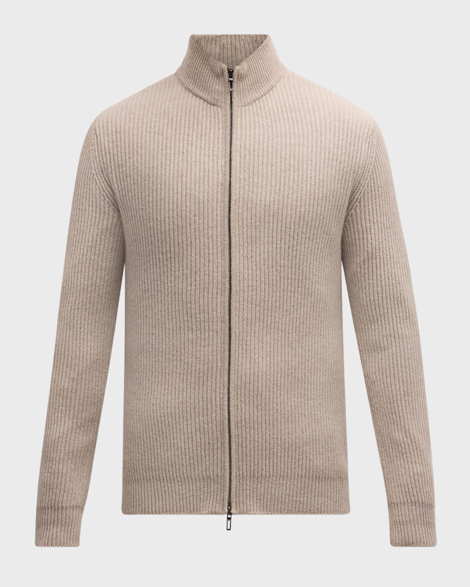 Neiman Marcus Ribbed Full Zip Sweater Antelope