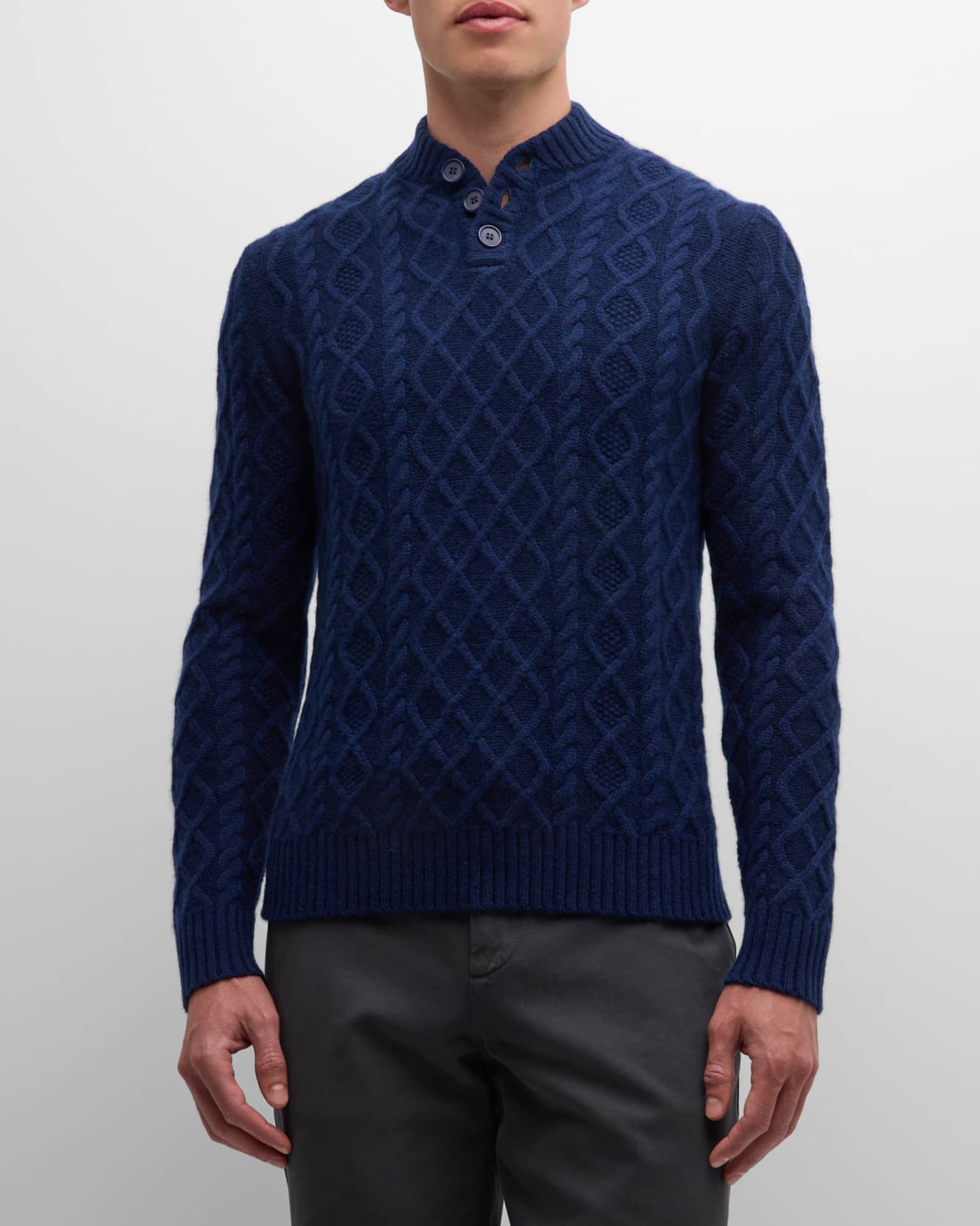 Neiman Marcus Men s Cabled Button Pullover Sweater Neptune Men s M Sweaters Cable Knit Sweaters