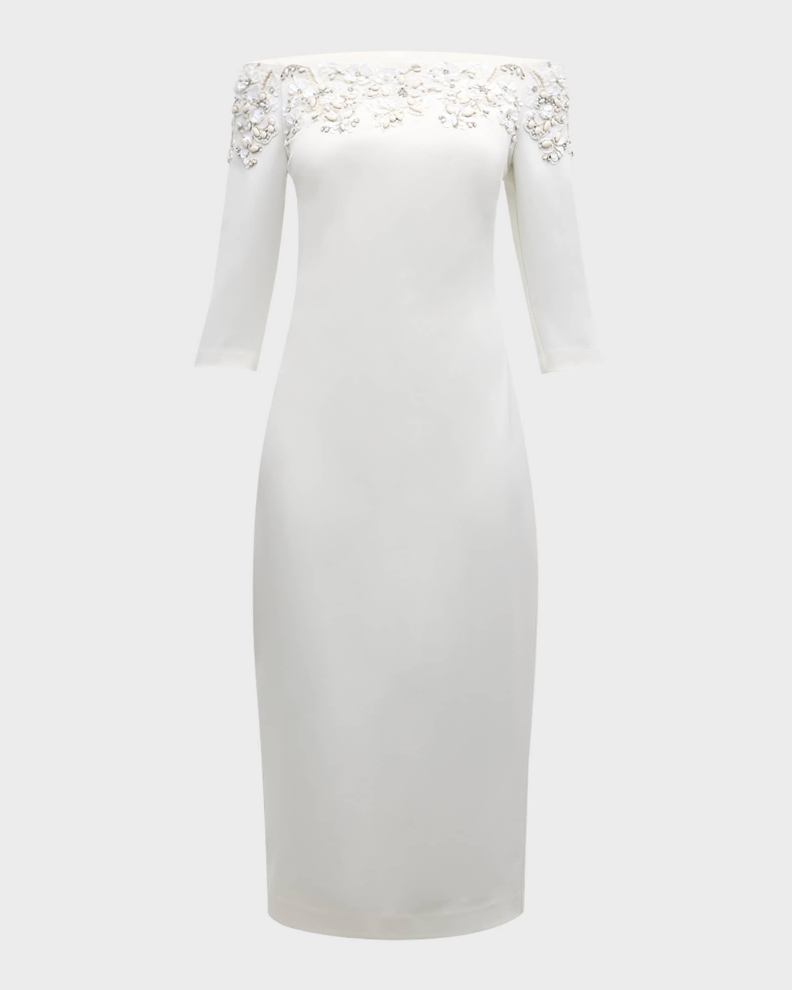 Badgley Mischka Women s Beaded Stretch Crepe Cocktail Midi Dress Light Ivory Size 10