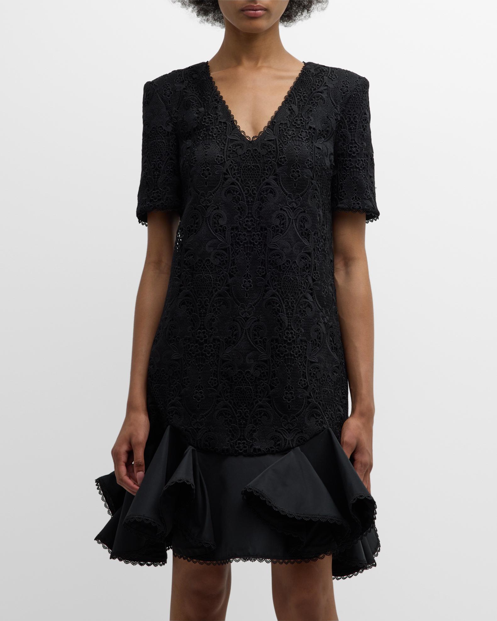 Badgley Mischka Collection Floral Lace Flounce Mini Dress | Neiman Marcus