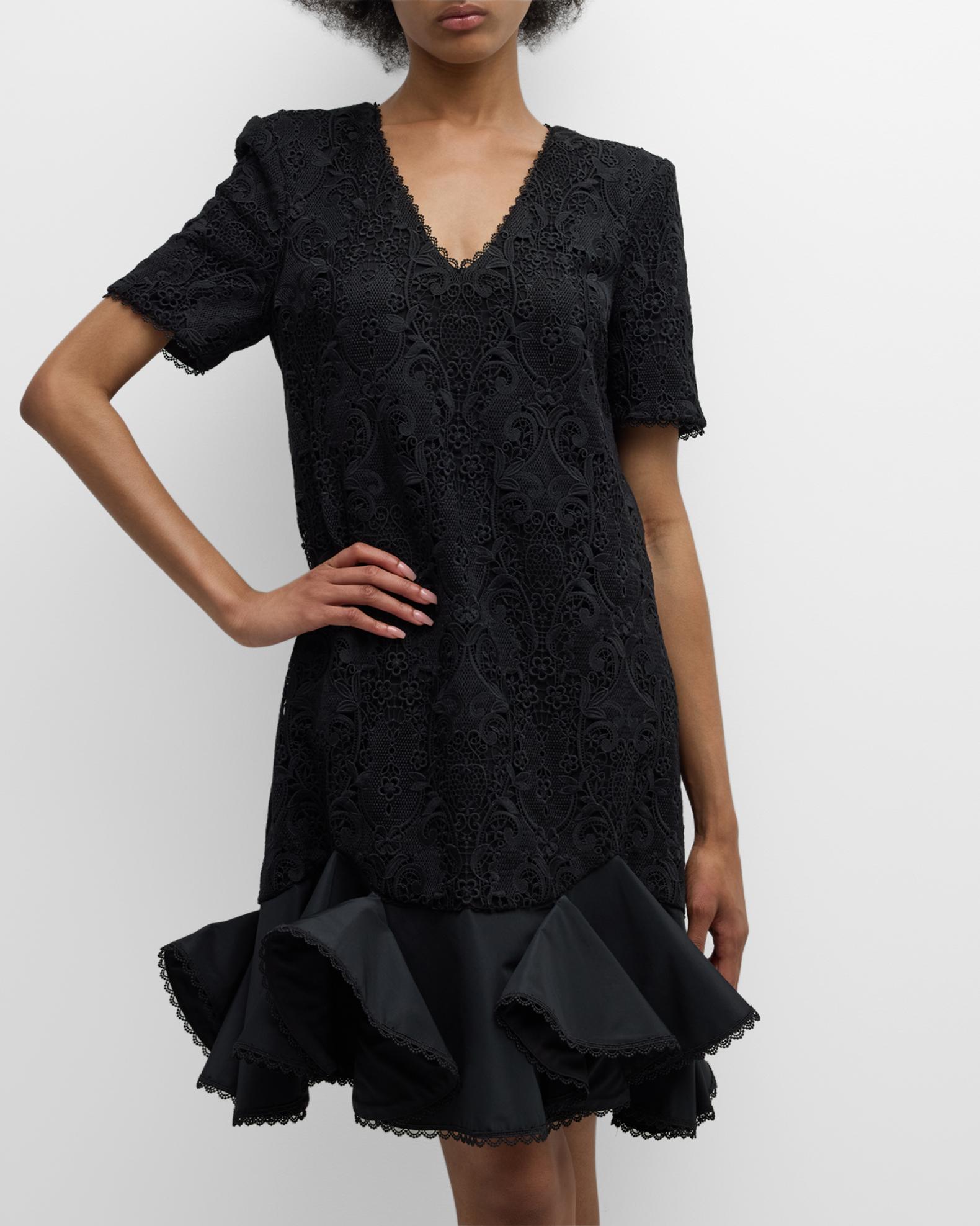 Badgley Mischka Collection Floral Lace Flounce Mini Dress | Neiman Marcus