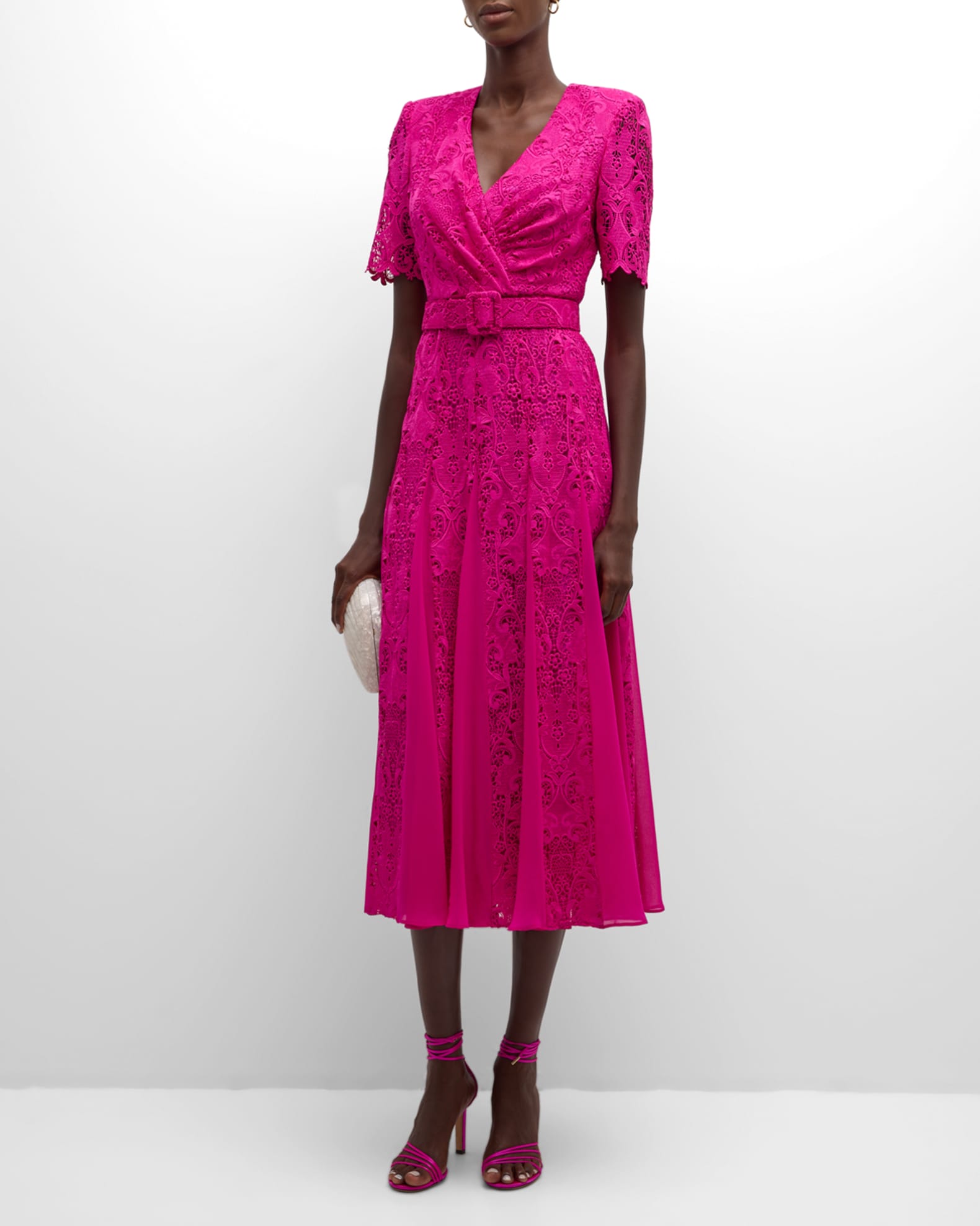 Belted Lace Godet Midi Dress