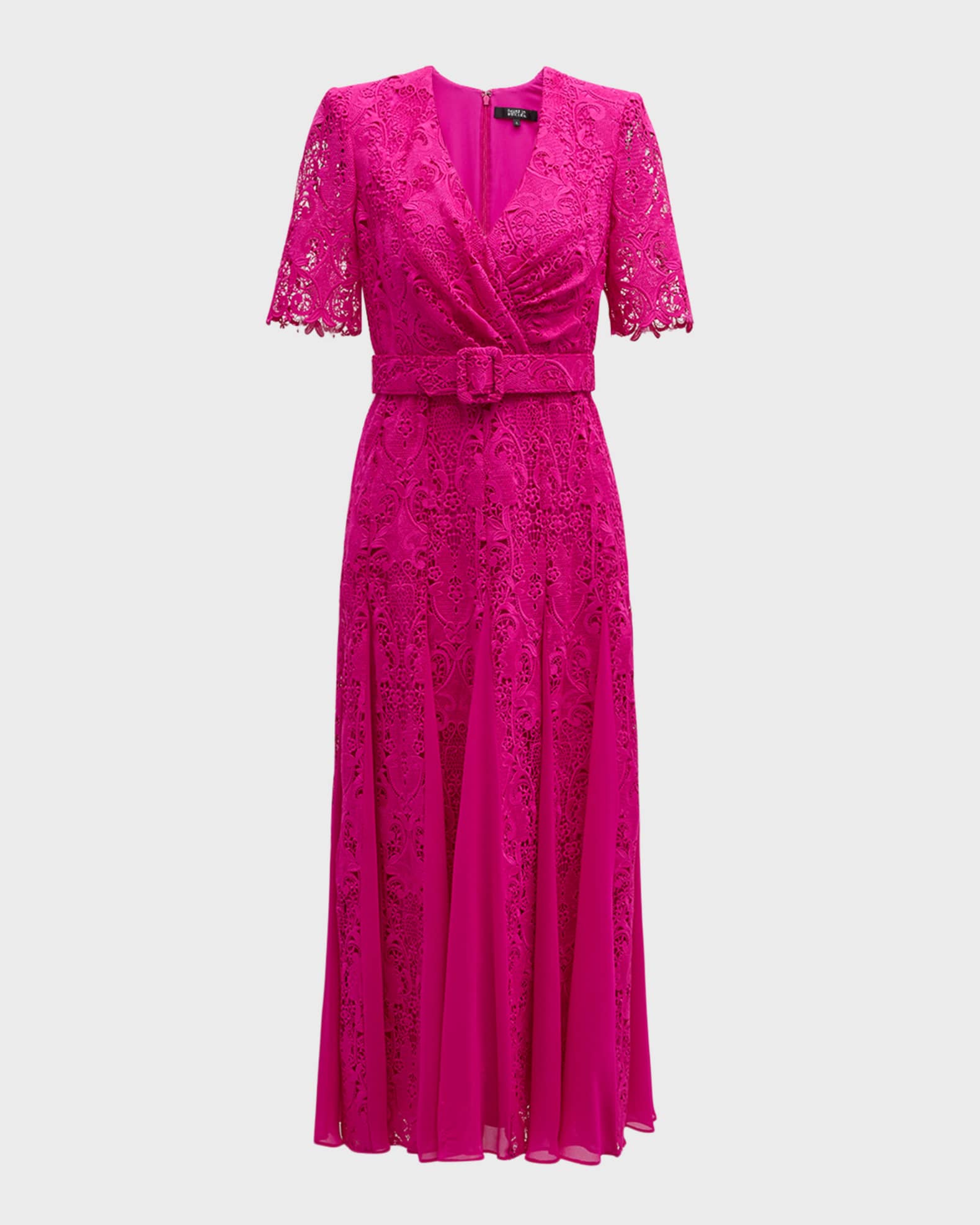 Badgley Mischka Lace Midi Dress with Belt Fuchsia