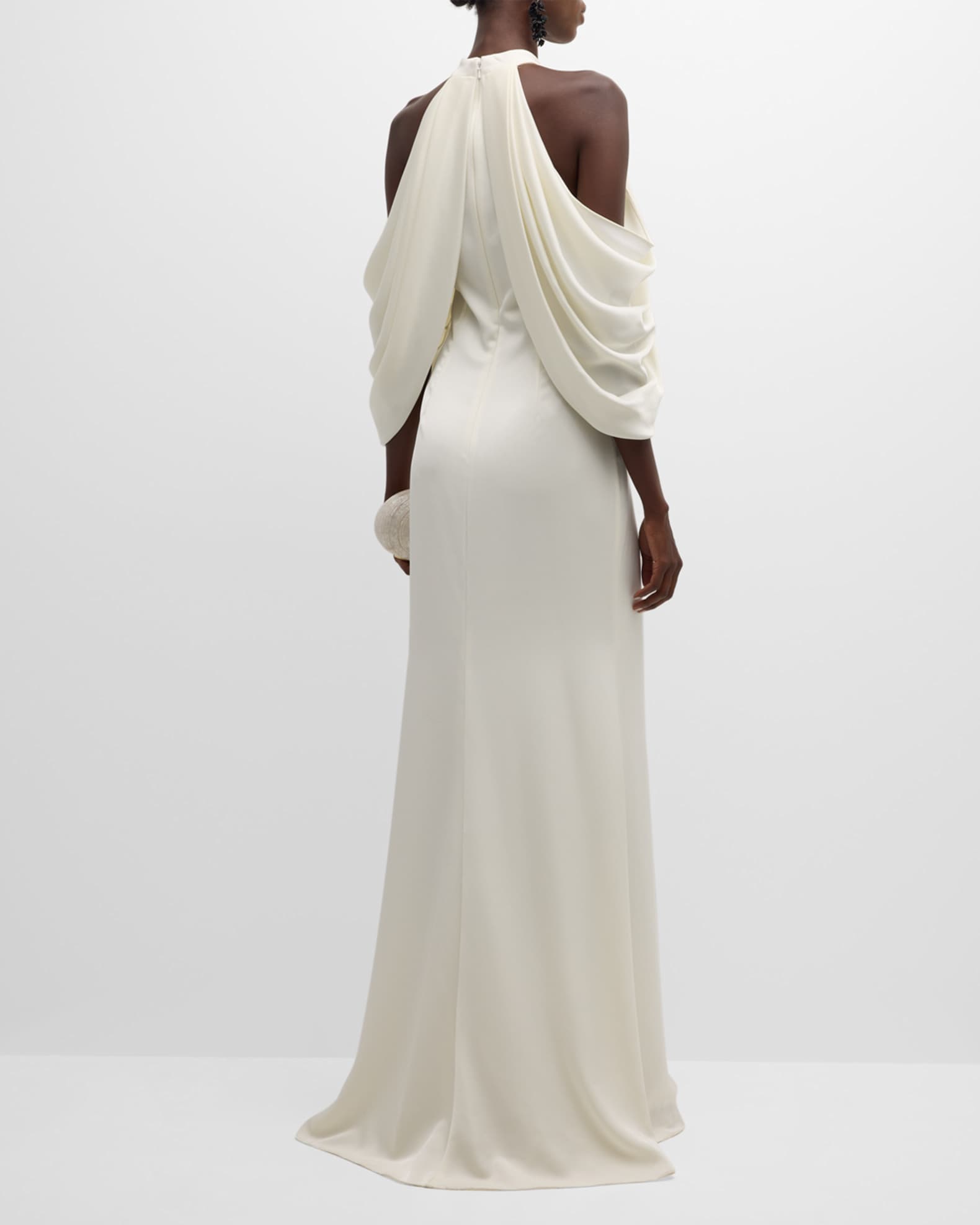 Badgley Mischka Collection Draped Cold Shoulder Halter Gown Neiman Marcus