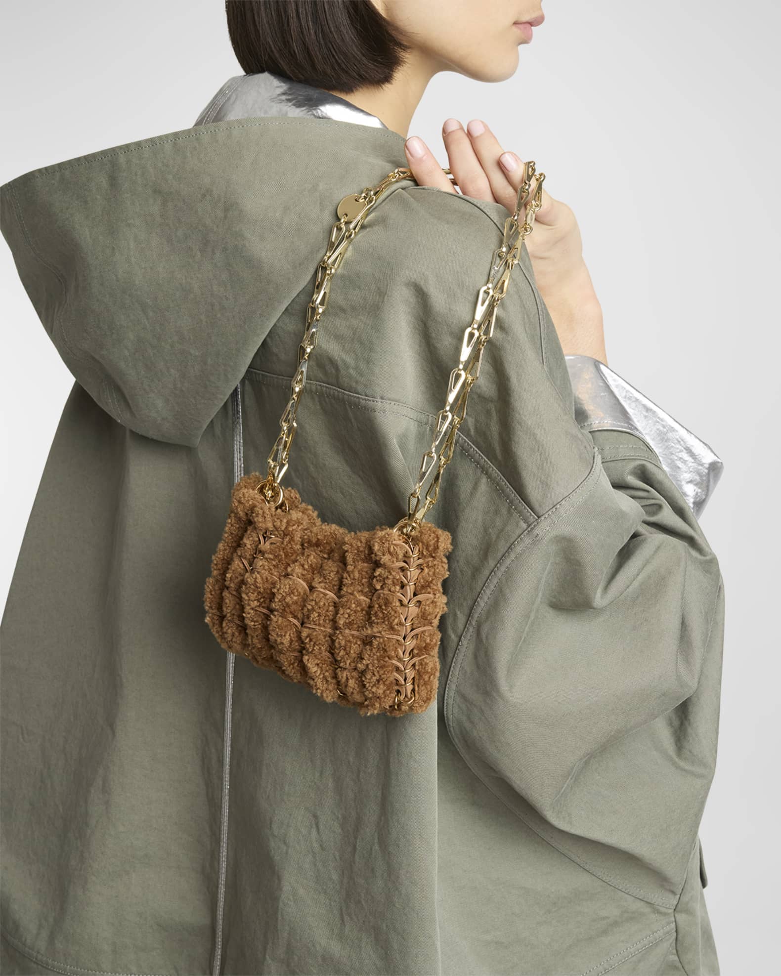 Rabanne Sac a Main Disc Sheep Shearling Fur Shoulder Bag Neiman Marcus