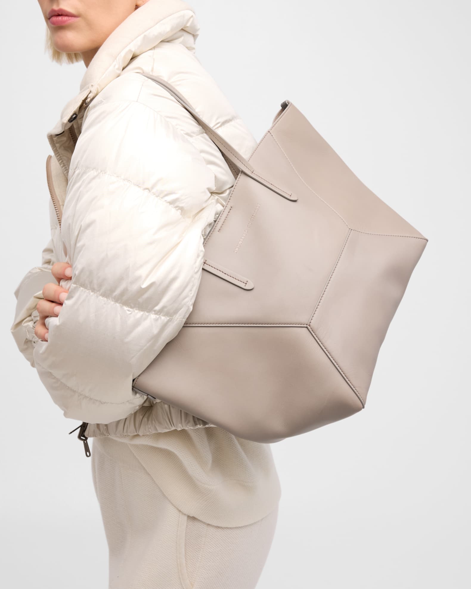 トートバッグ Brunello Cucinelli Structured Handbag With Geometric Design Brunello Cucinelli BC Duo Geometric Monili Leather Tote Bag