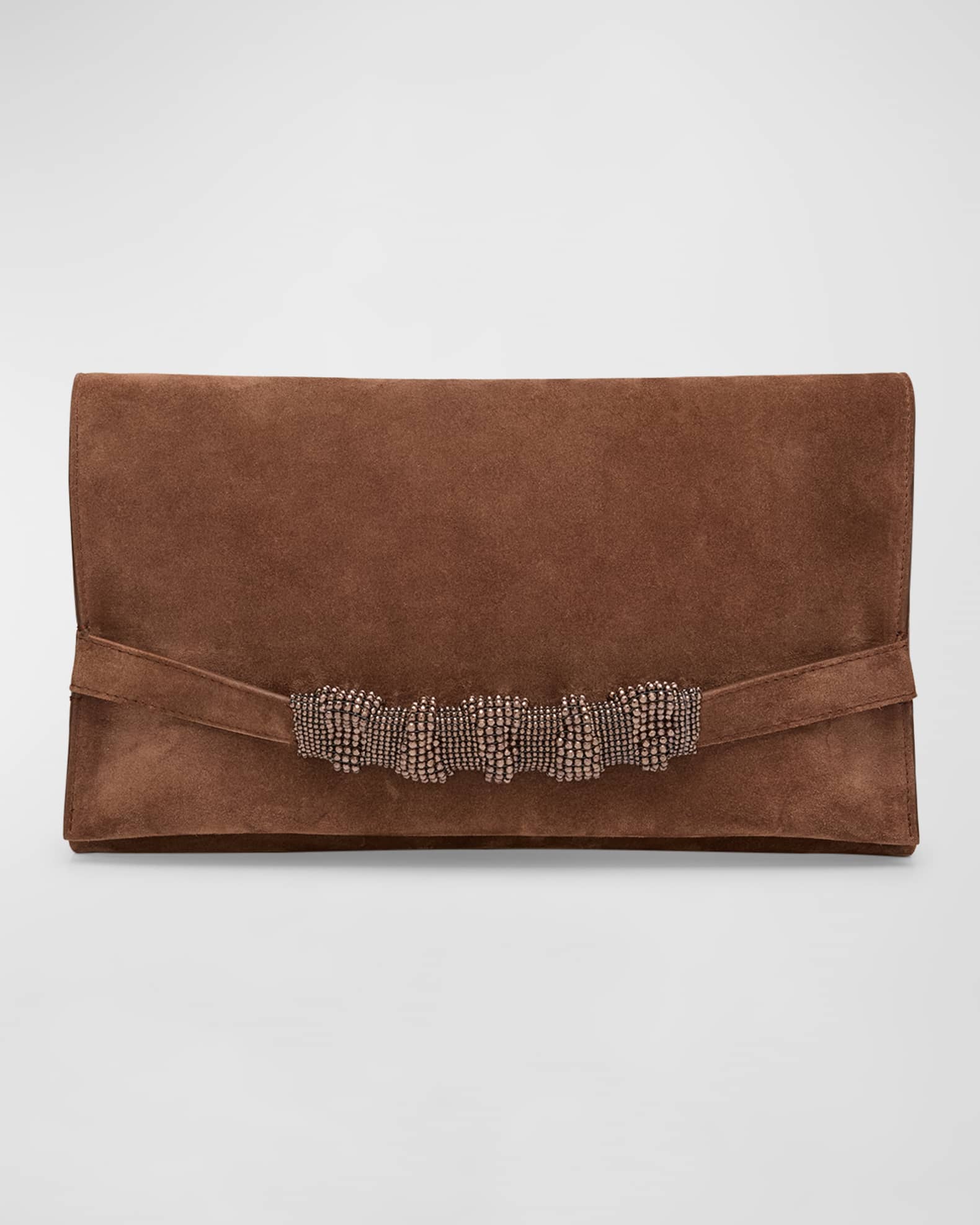 Brunello Cucinelli Monili Flap Suede Clutch Bag Brown