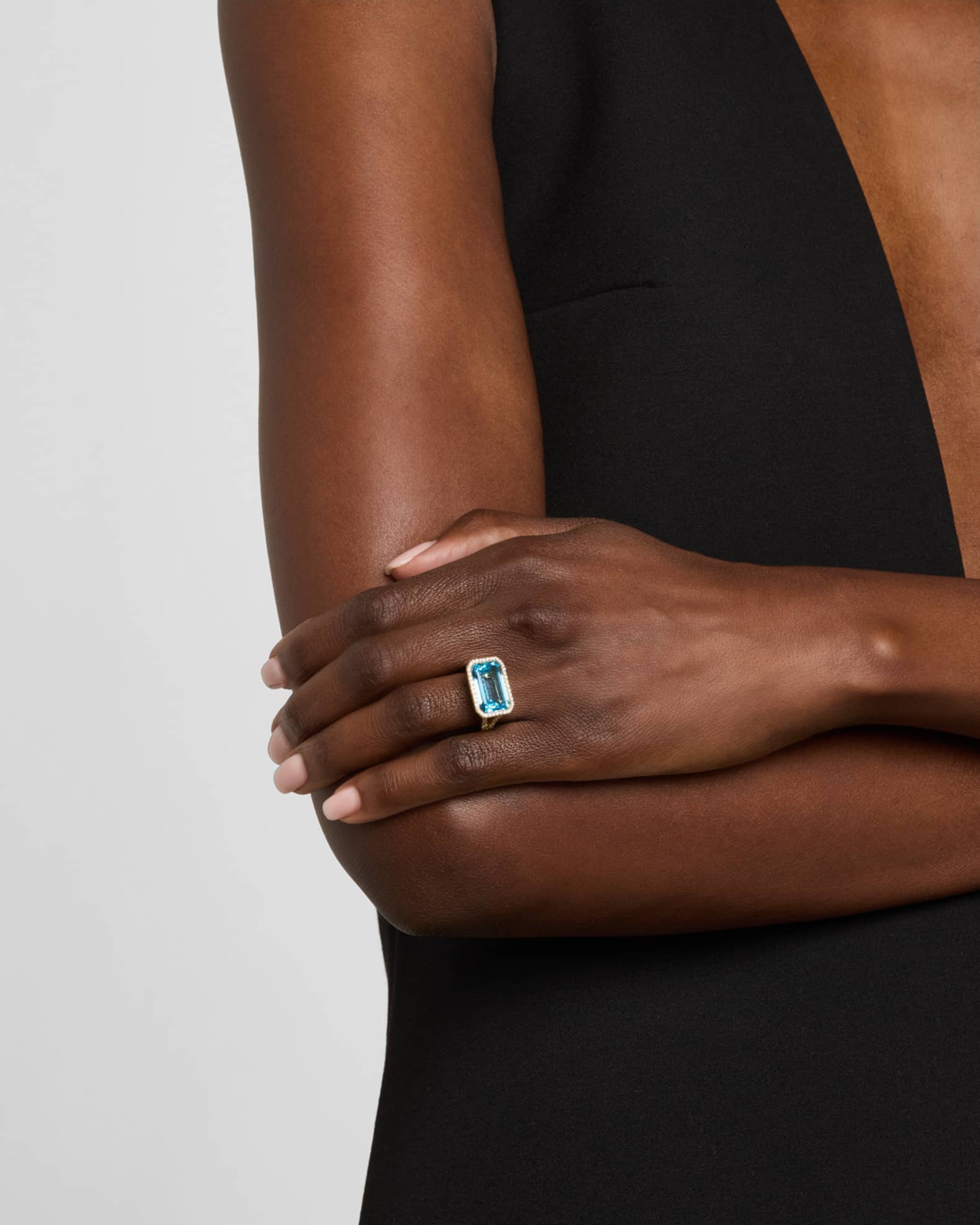 18K Gossip East-West Emerald Cut Blue Topaz Statement Ring with Diamonds 1