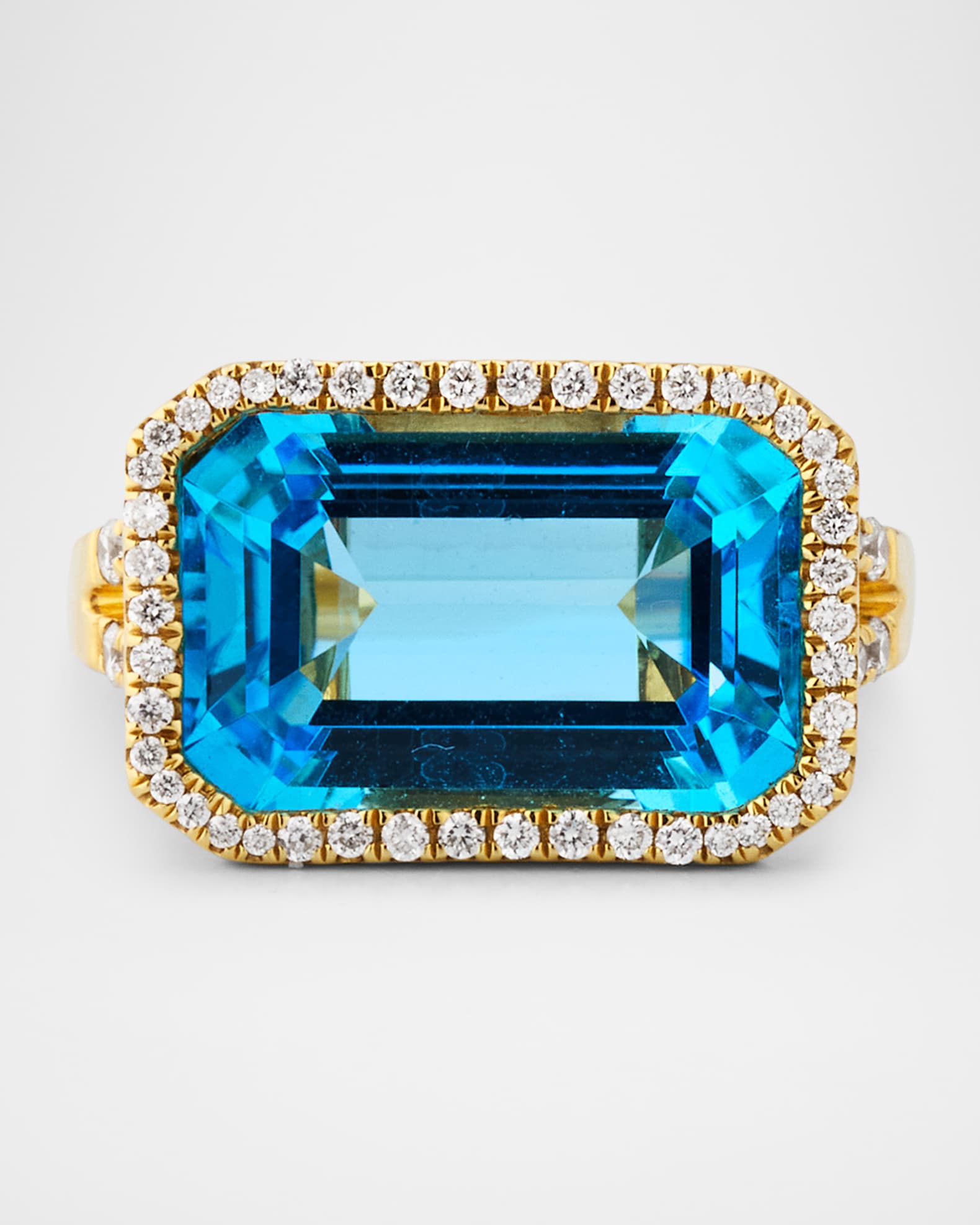 18K Gossip East-West Emerald Cut Blue Topaz Statement Ring with Diamonds 0