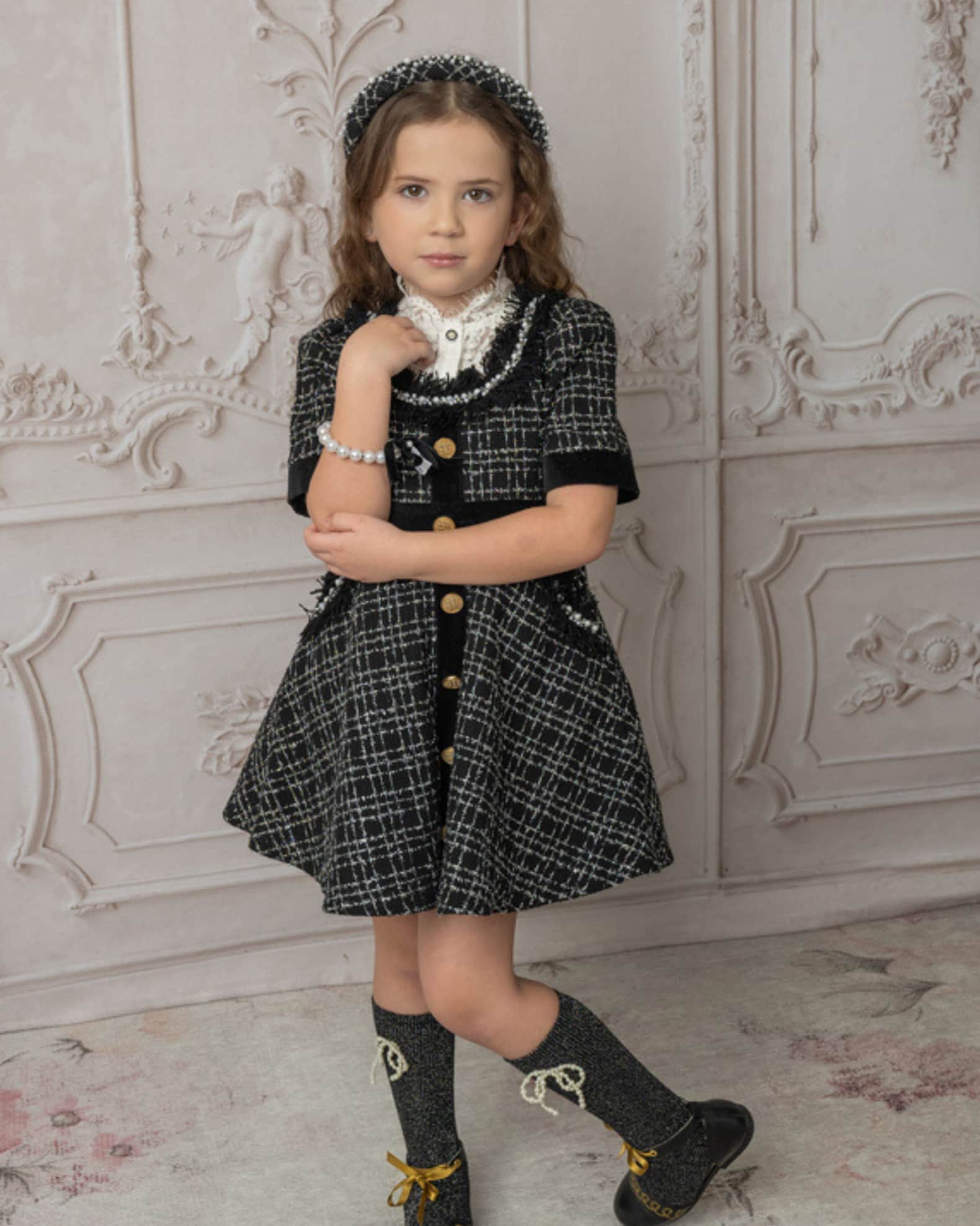 Girl's Orea Tweed Lace Trim Dress, Size 12M-12 1