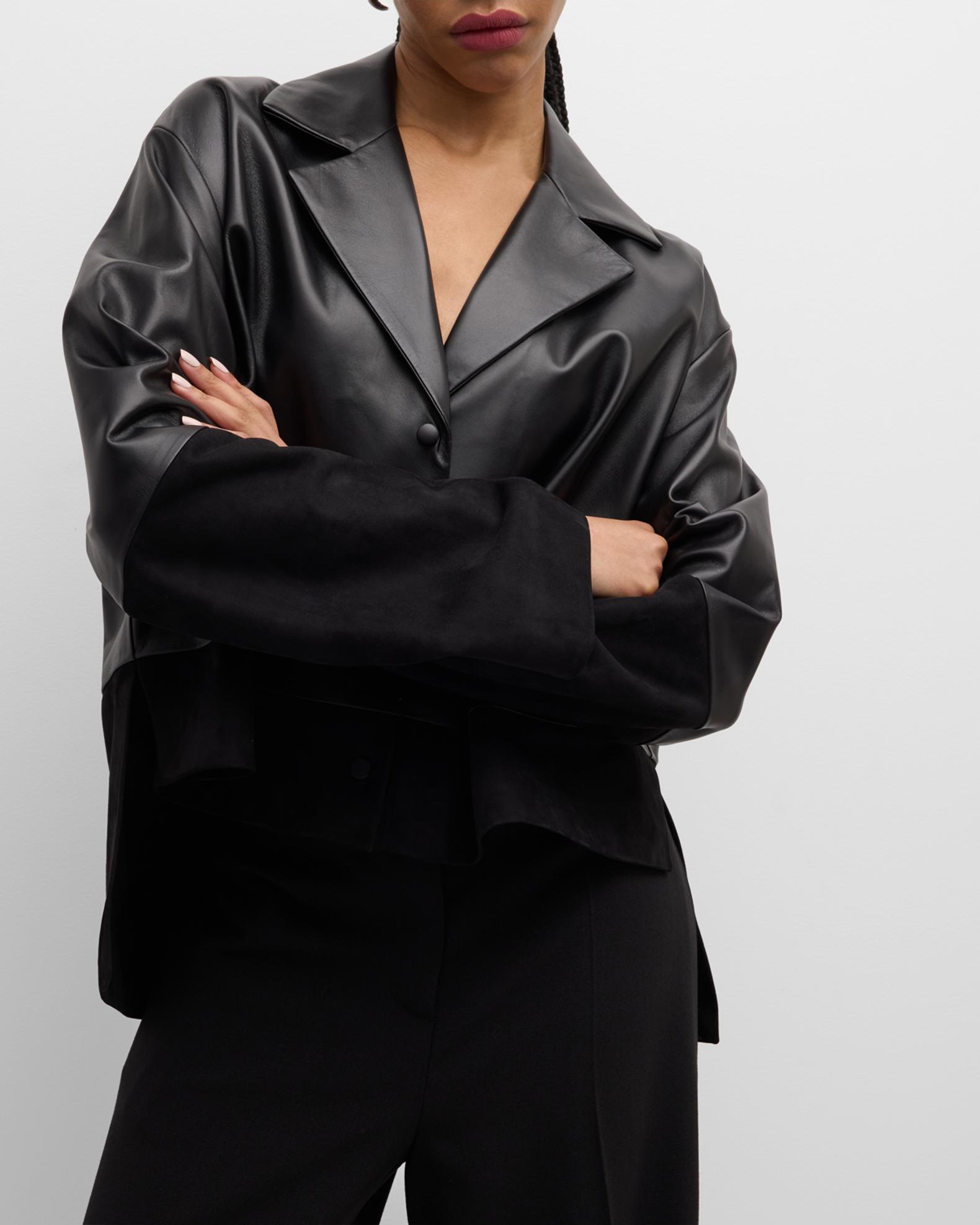 Loewe Long-Sleeve Leather And Suede Pajama Blouse | Neiman Marcus
