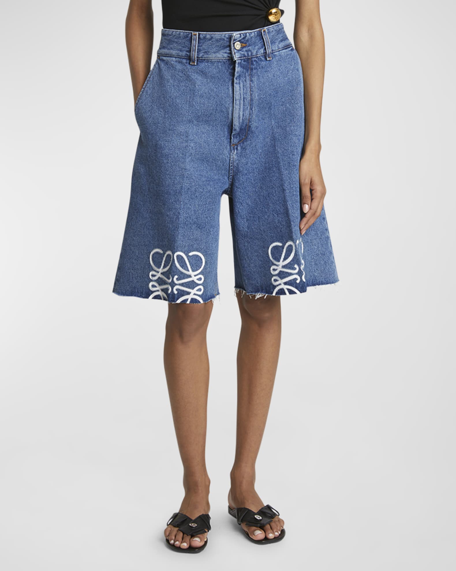 Loewe Anagram Detail Frayed Denim Shorts - Bergdorf Goodman