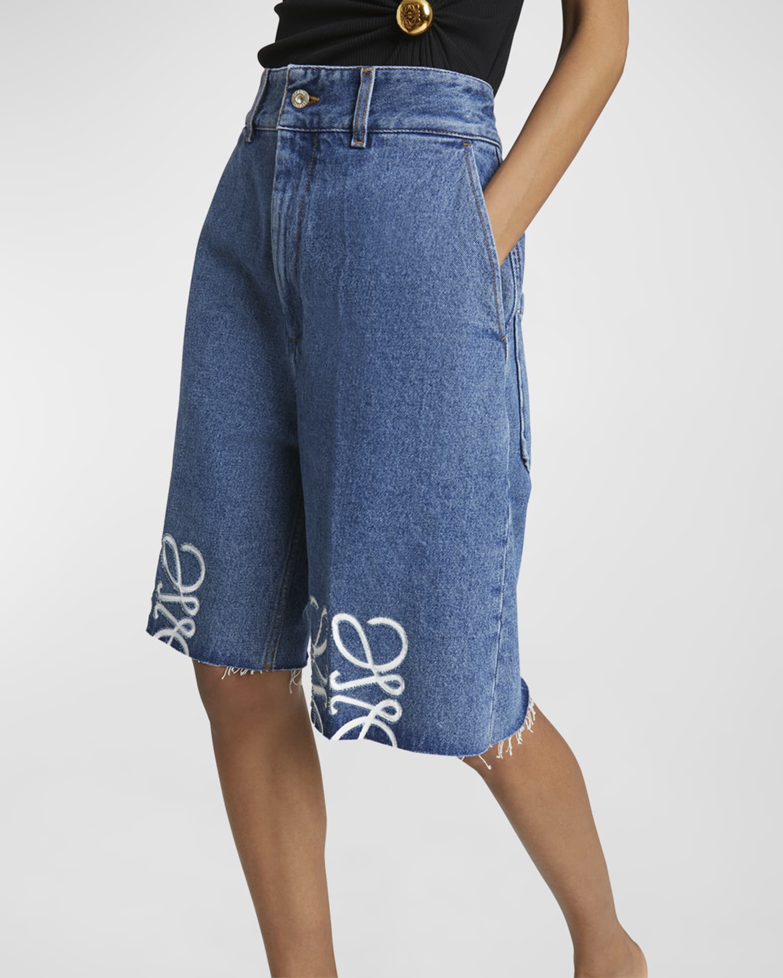 Loewe Anagram Long Denim Shorts | Neiman Marcus