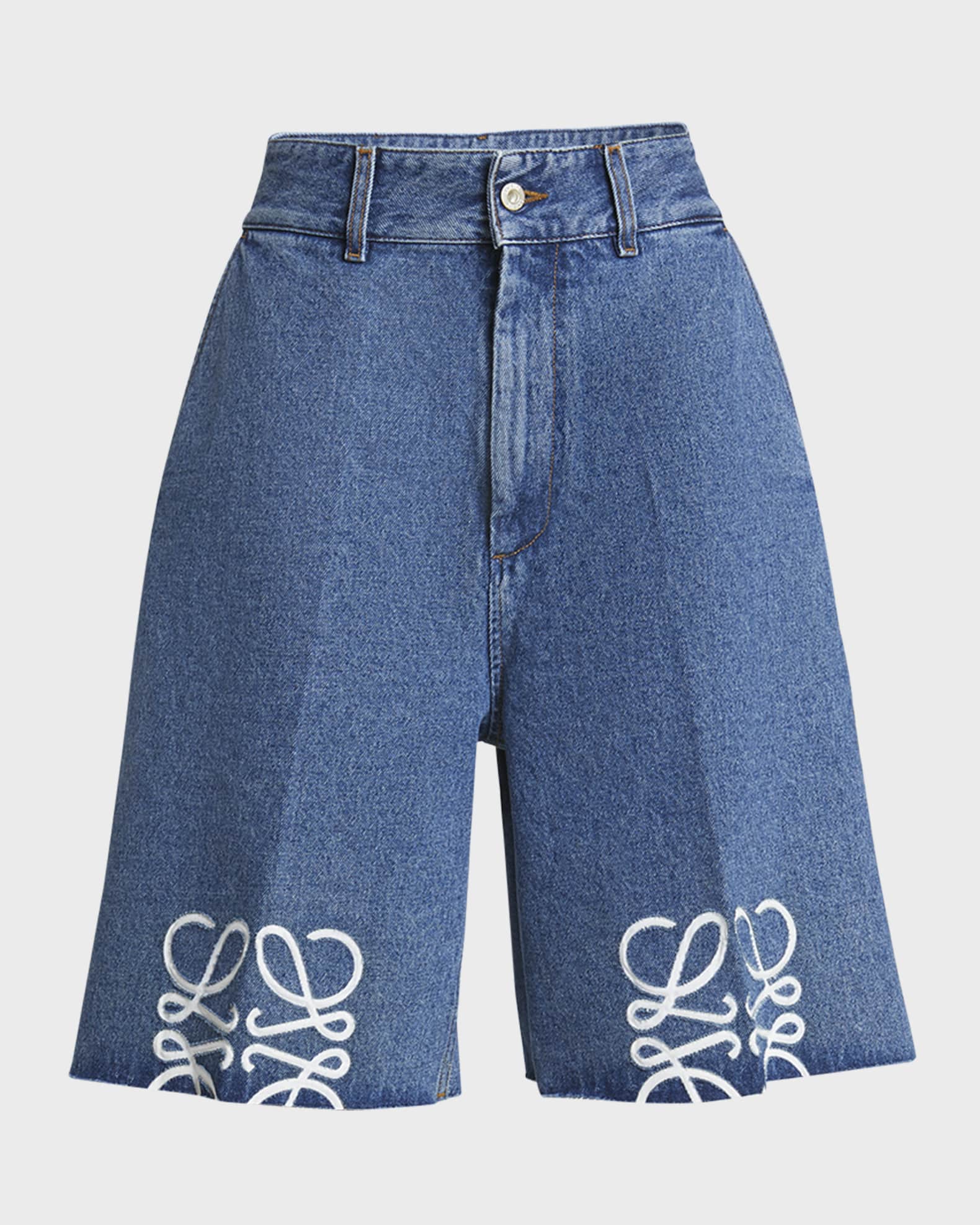 パンツ 24ss Loewe denim shorts Loewe Anagram Long Denim Shorts | Neiman Marcus