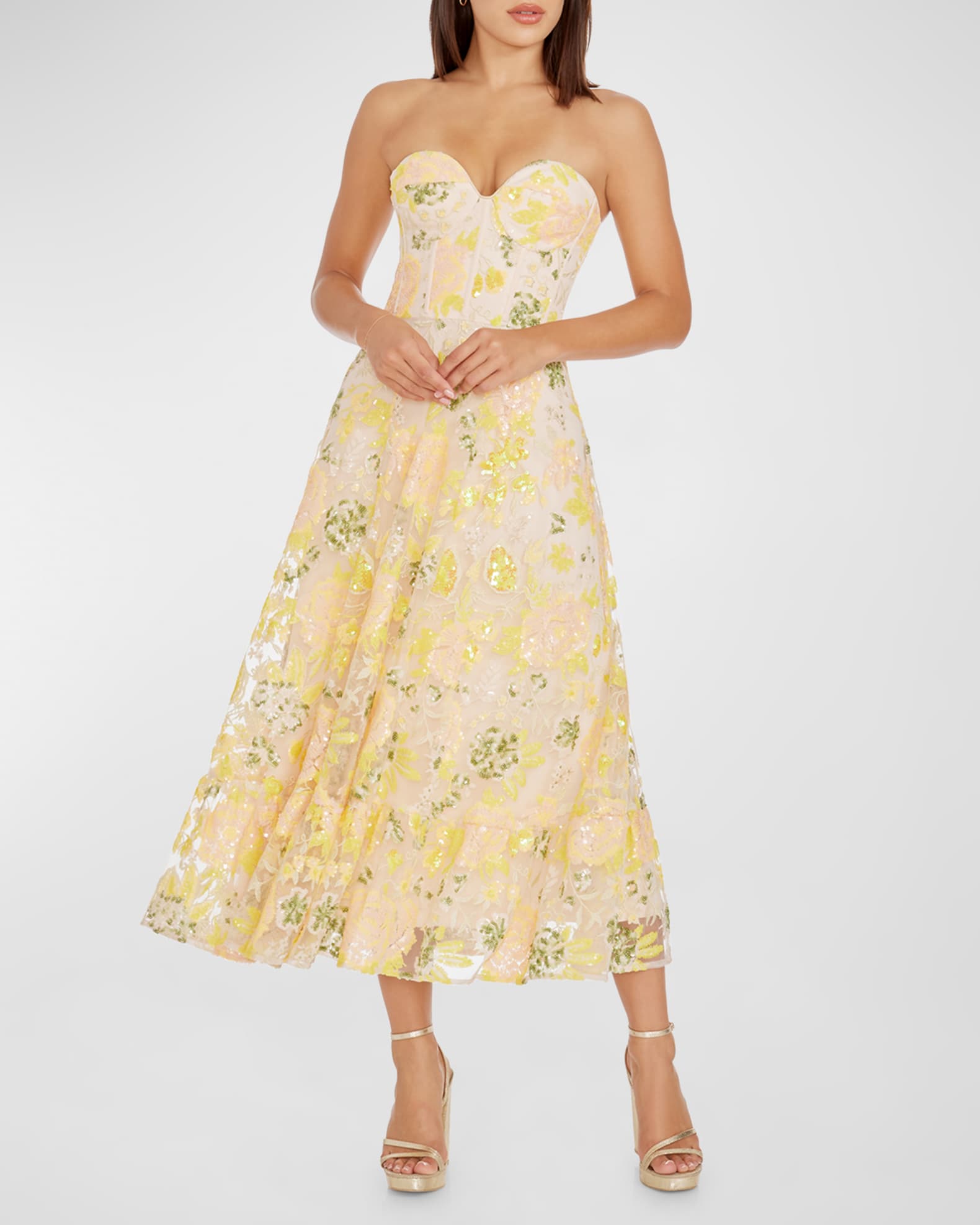 Dress the Population Black Label Carina Strapless Sequin Floral Midi Dress Neiman Marcus