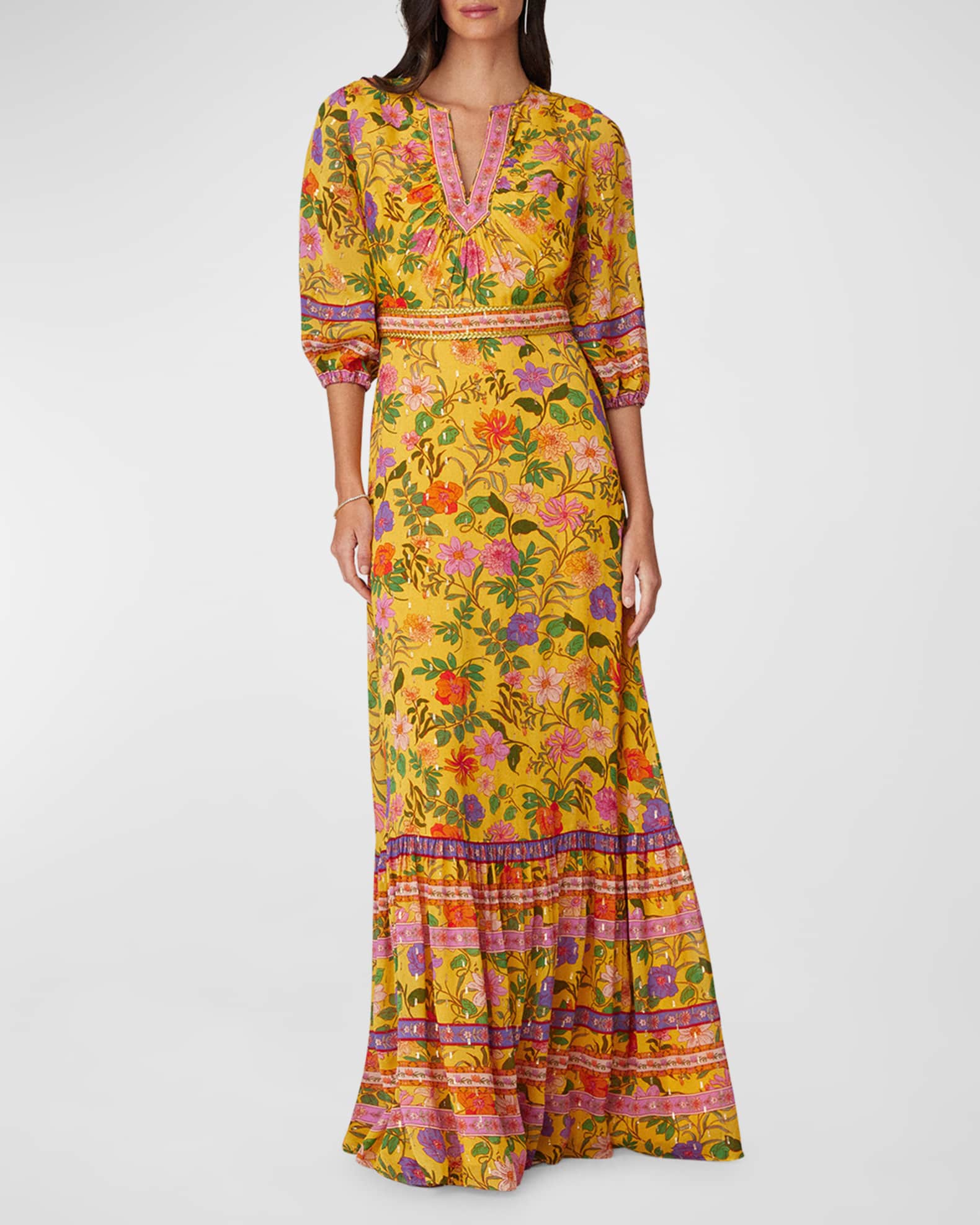 Shoshanna Floral print Metallic Fleck Maxi Dress Golden Multi