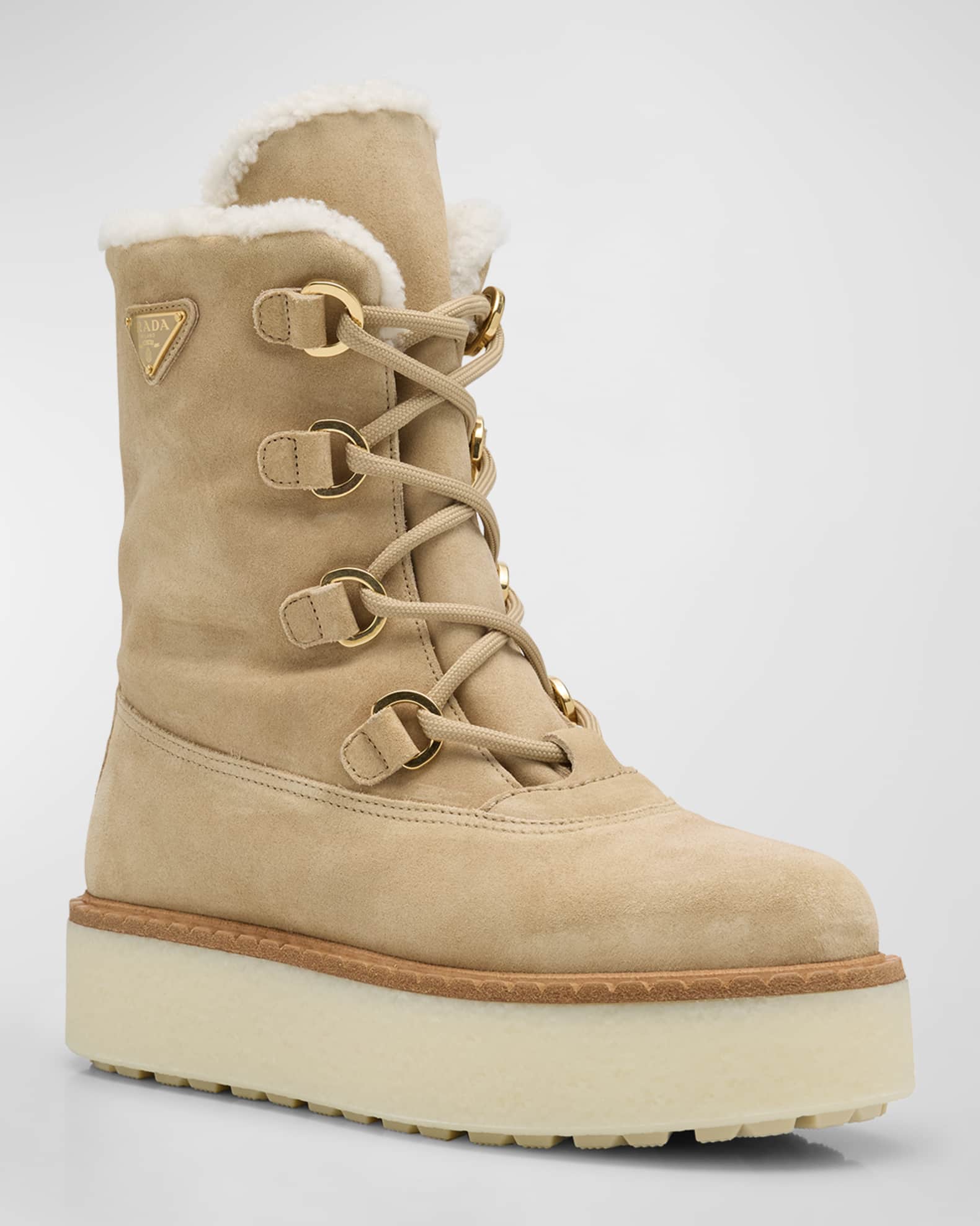 Prada Suede Shearling Flatform Ranger Boots Ecru