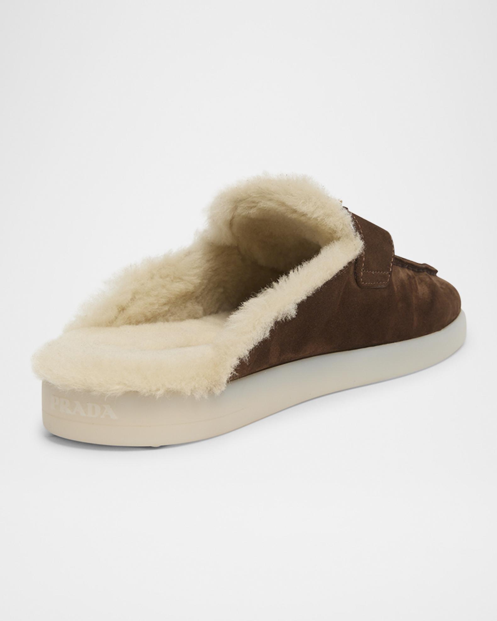 Prada Brown Suede Loafers With Shearling Lining And Minimalist Design - NWT Prada Suede Shearling Mule Loafers | Neiman Marcus main image 3