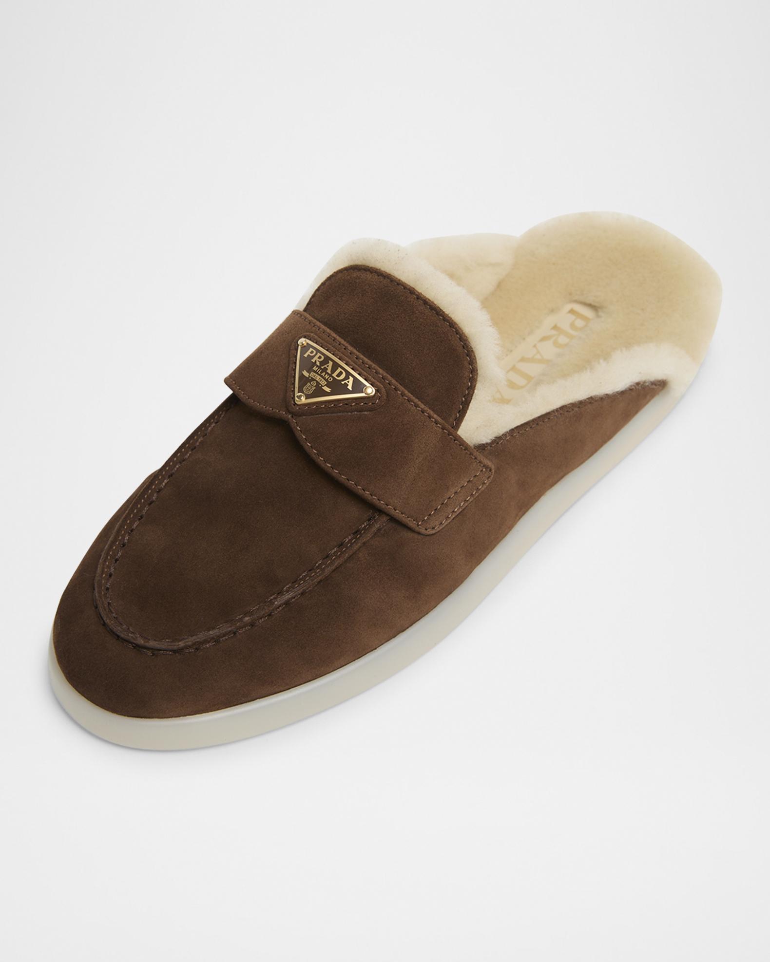 Prada Brown Suede Loafers With Shearling Lining And Minimalist Design - NWT Prada Suede Shearling Mule Loafers | Neiman Marcus main image 2