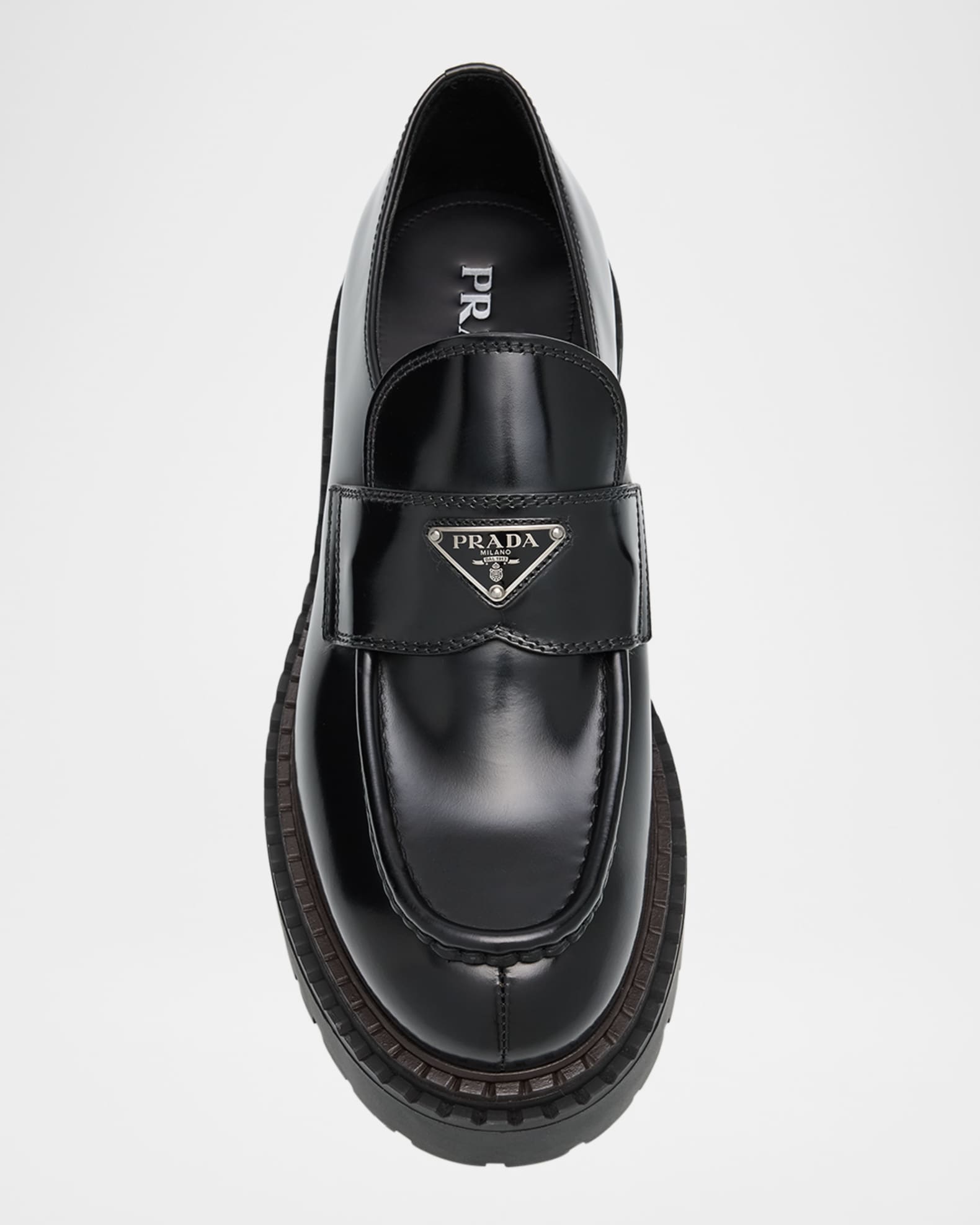 ■PRADA■ Almond toe Brushed Leather Loafers Prada Almond toe leather loafers with modern style | The
